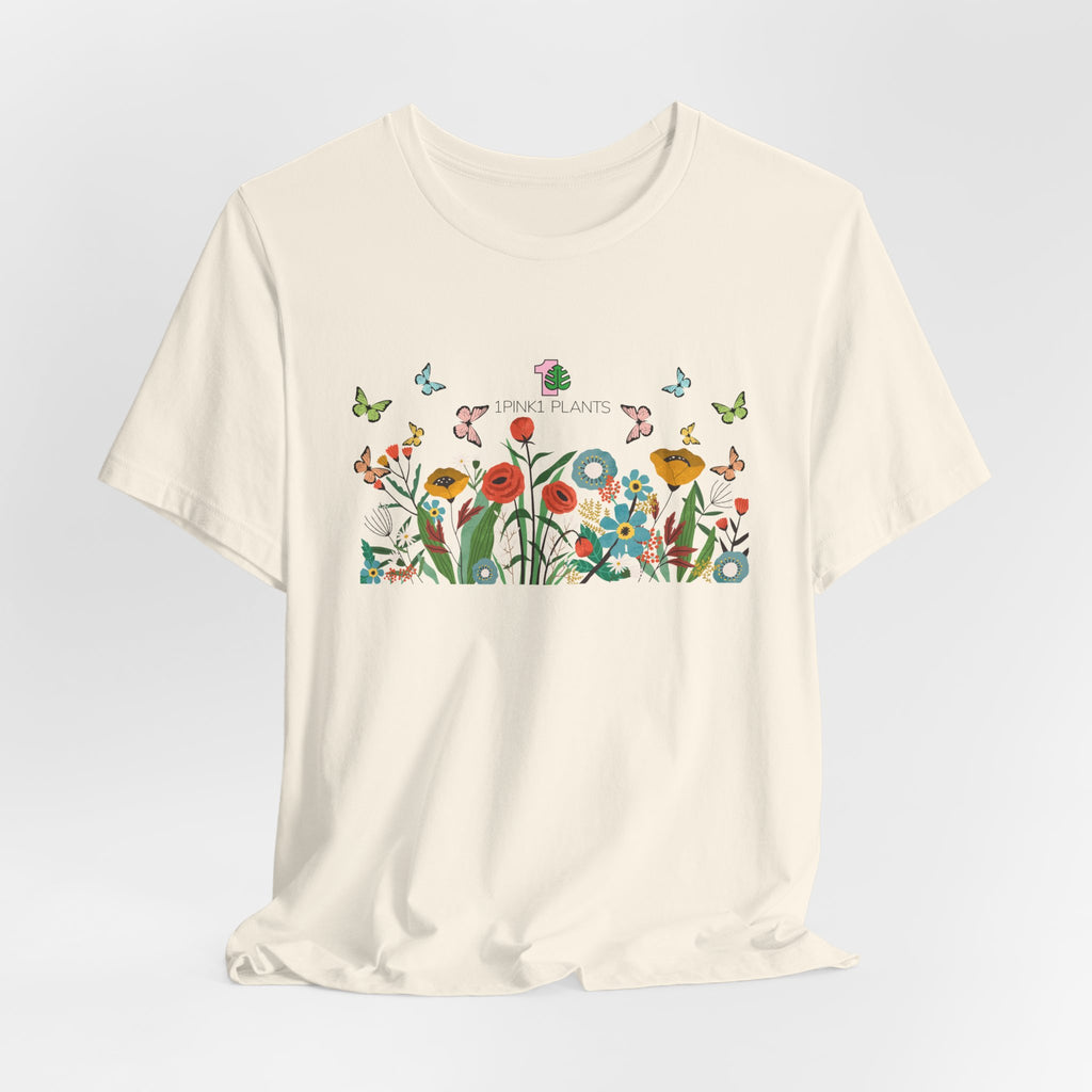 A gardening shirt with flowers and butterflies. 