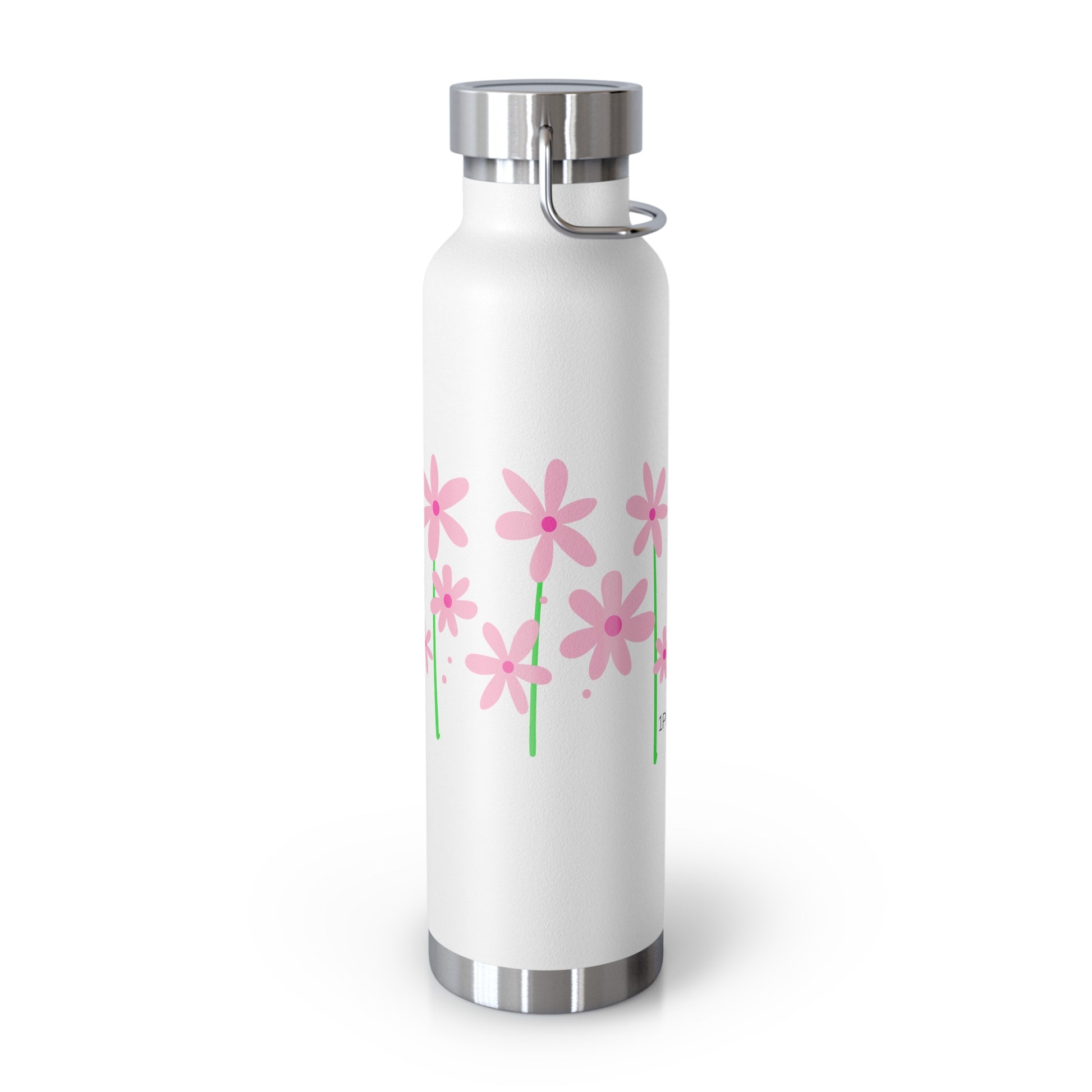 White water bottle with pink daisy floral design on a white background