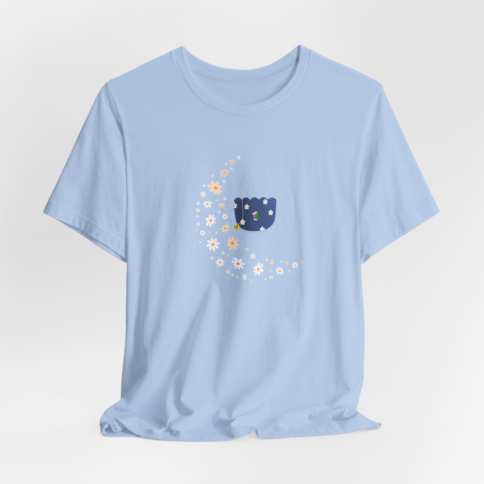 A picture of a whimsical floral moon and floral tea cup printed on a baby blue shirt.  Excellent floral shirt for relaxing at home or taking a casual walk.