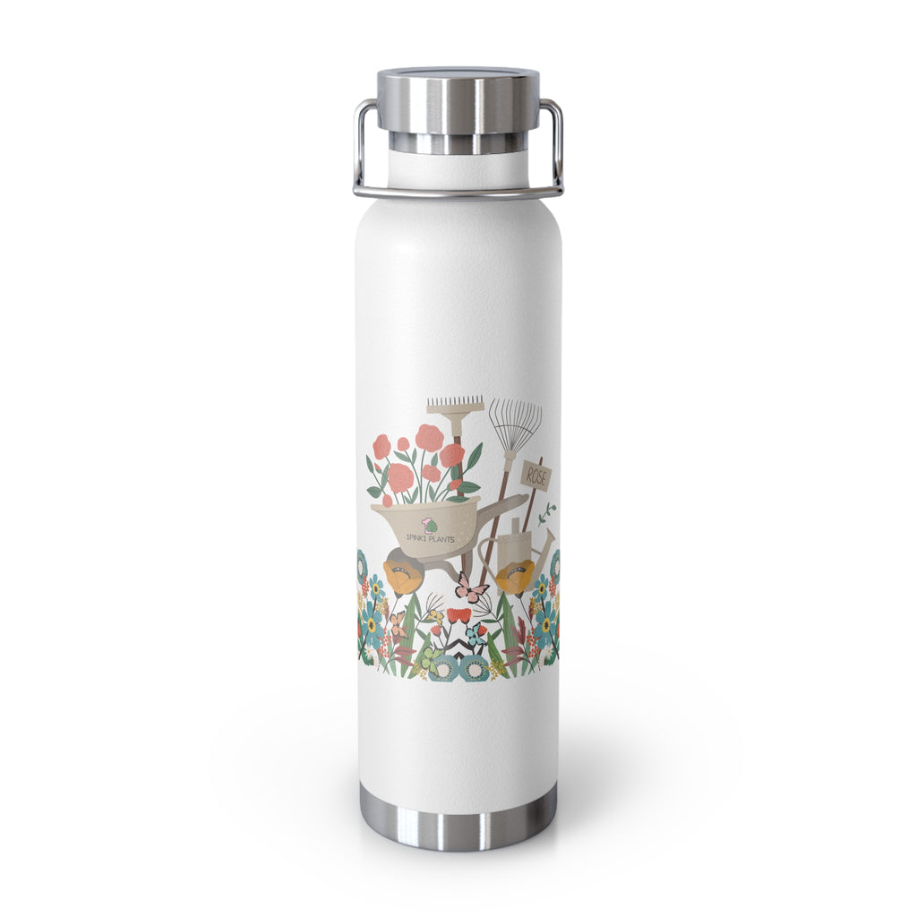 White water bottle with garden-themed design on a white background