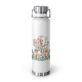 White water bottle with garden-themed design on a white background