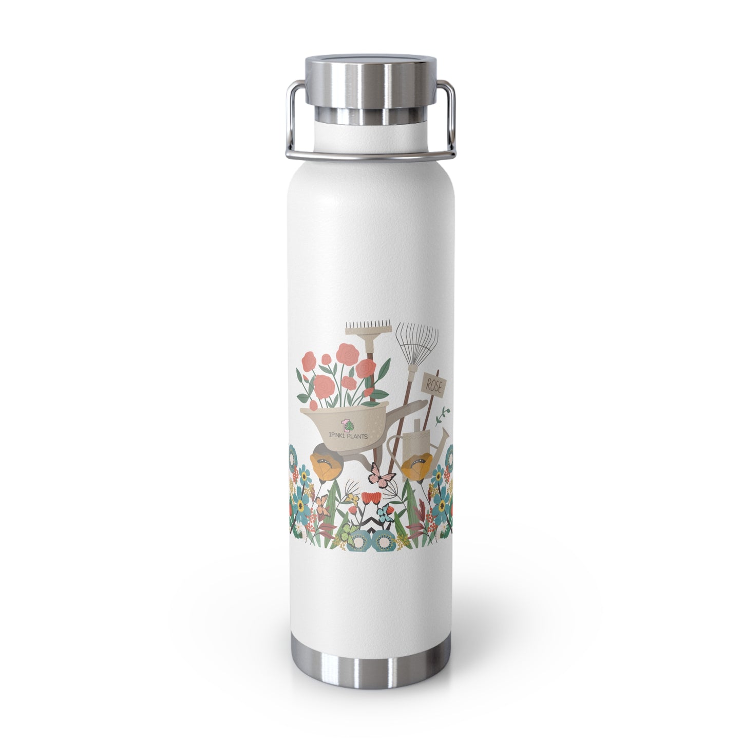 White water bottle with garden-themed design on a white background