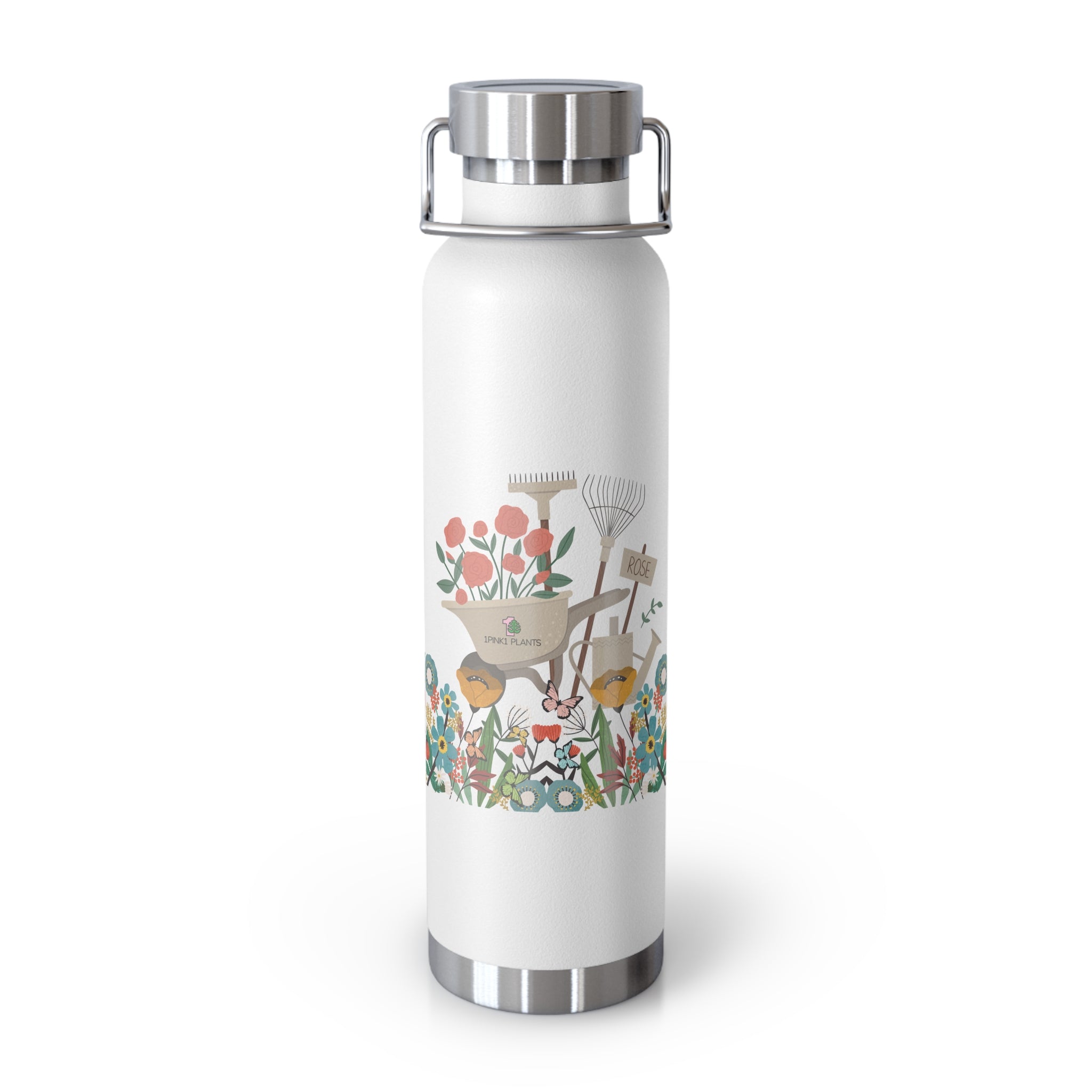 White water bottle with garden-themed design on a white background