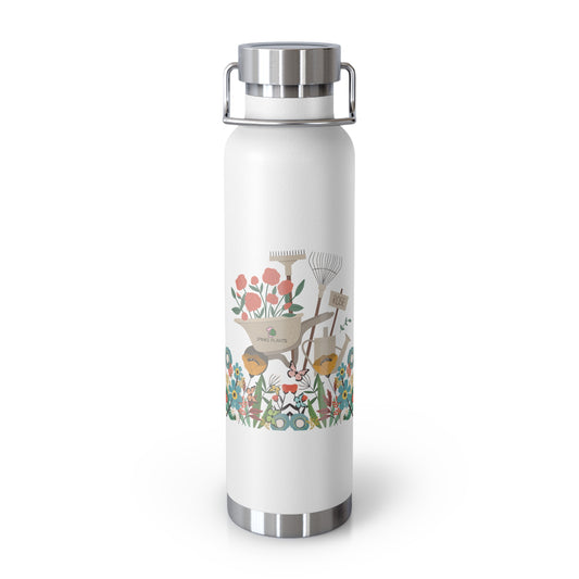 White water bottle with garden-themed design on a white background