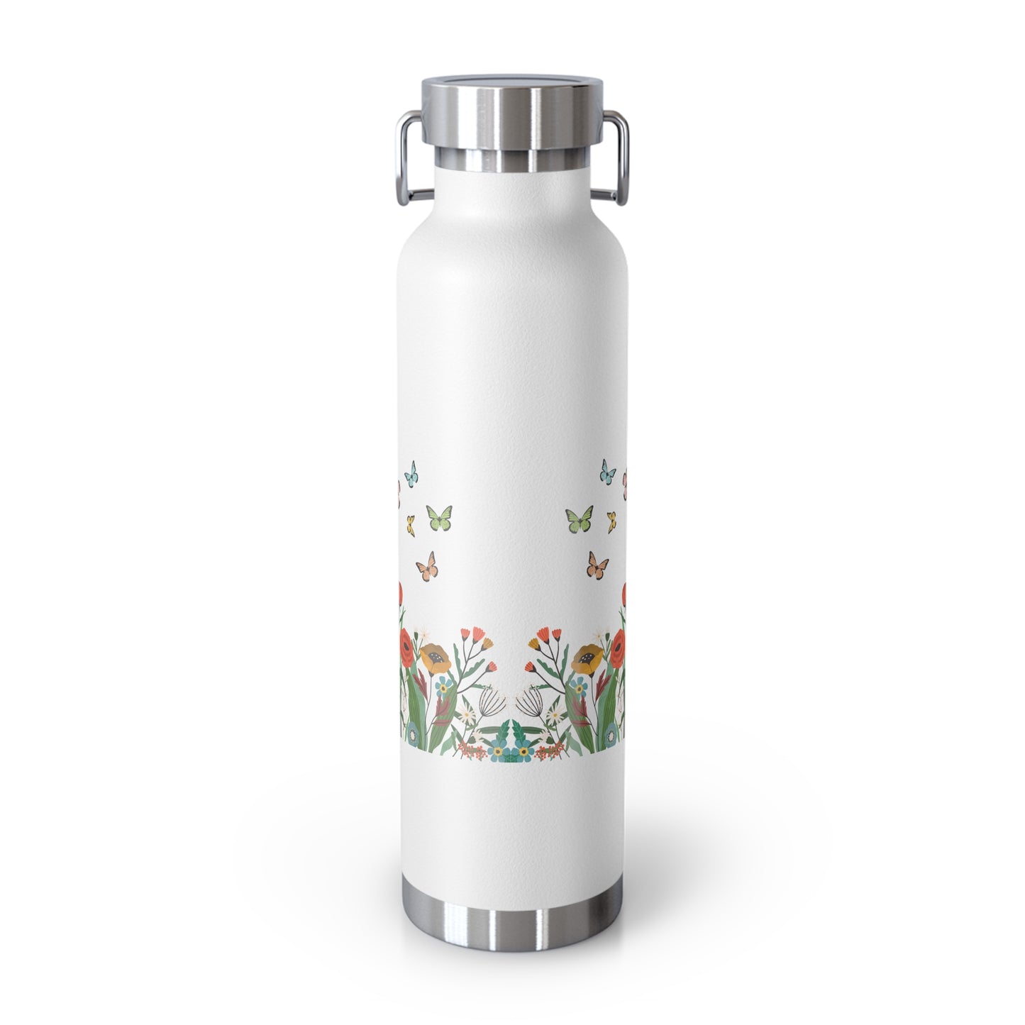 White water bottle with floral and butterfly design on a white background