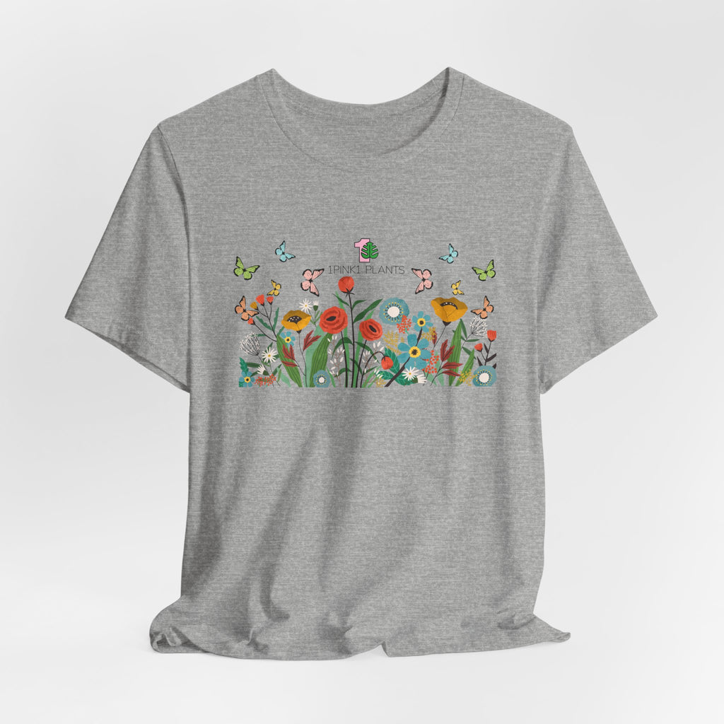 a gray garden t-shirt with flowers and butterflies