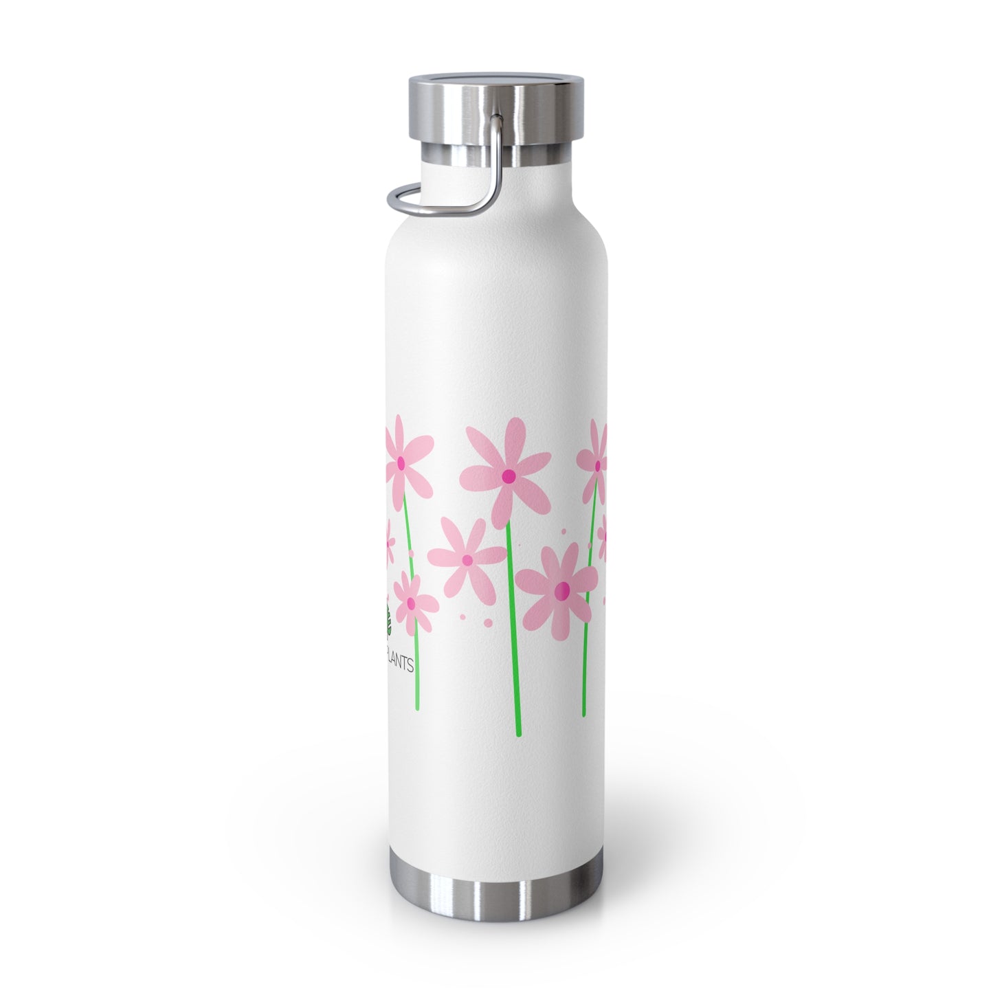 White water bottle with pink daisy floral design on a white background