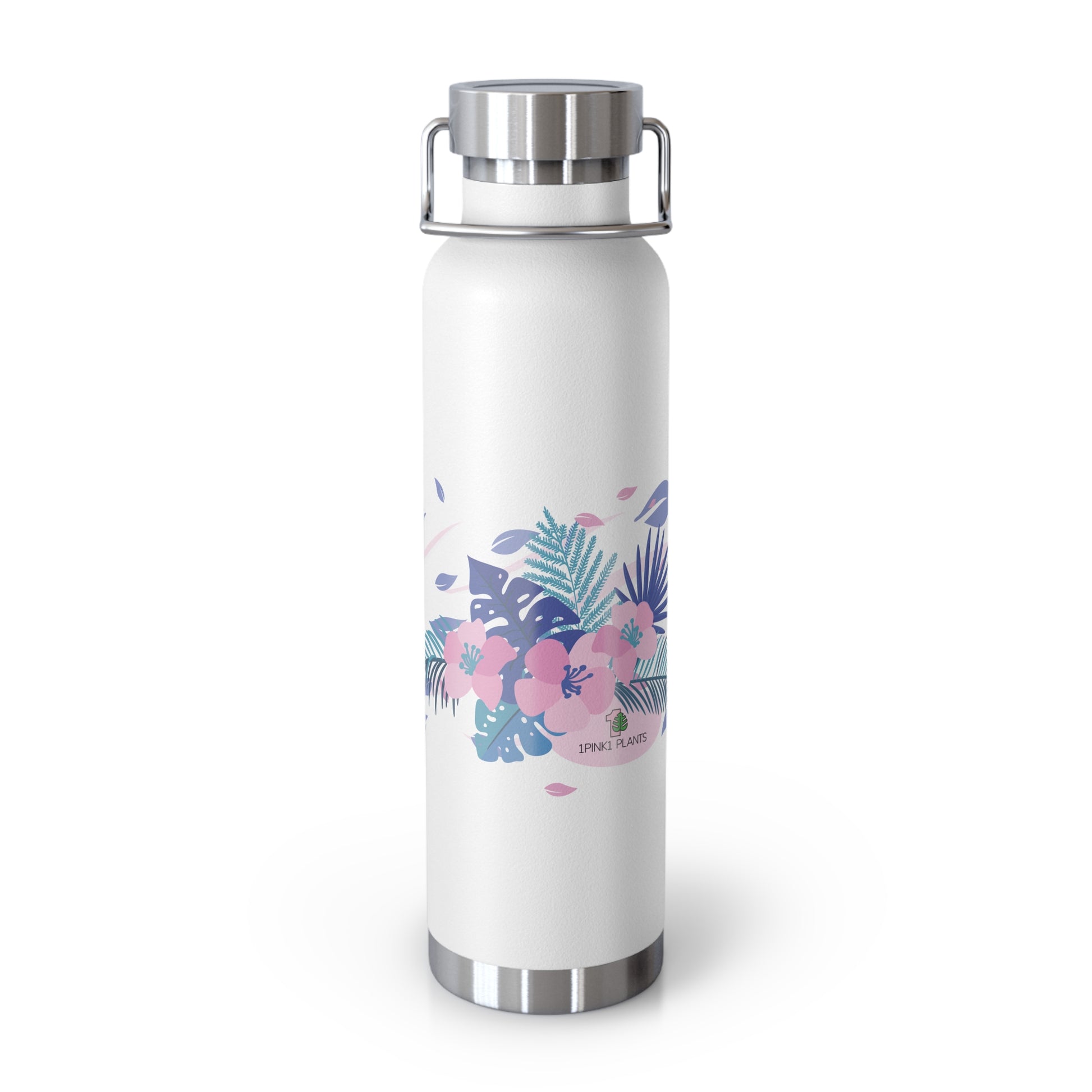 White water bottle with tropical floral design and silver cap on a white background