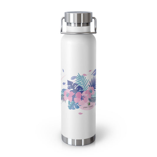 White water bottle with tropical floral design and silver cap on a white background