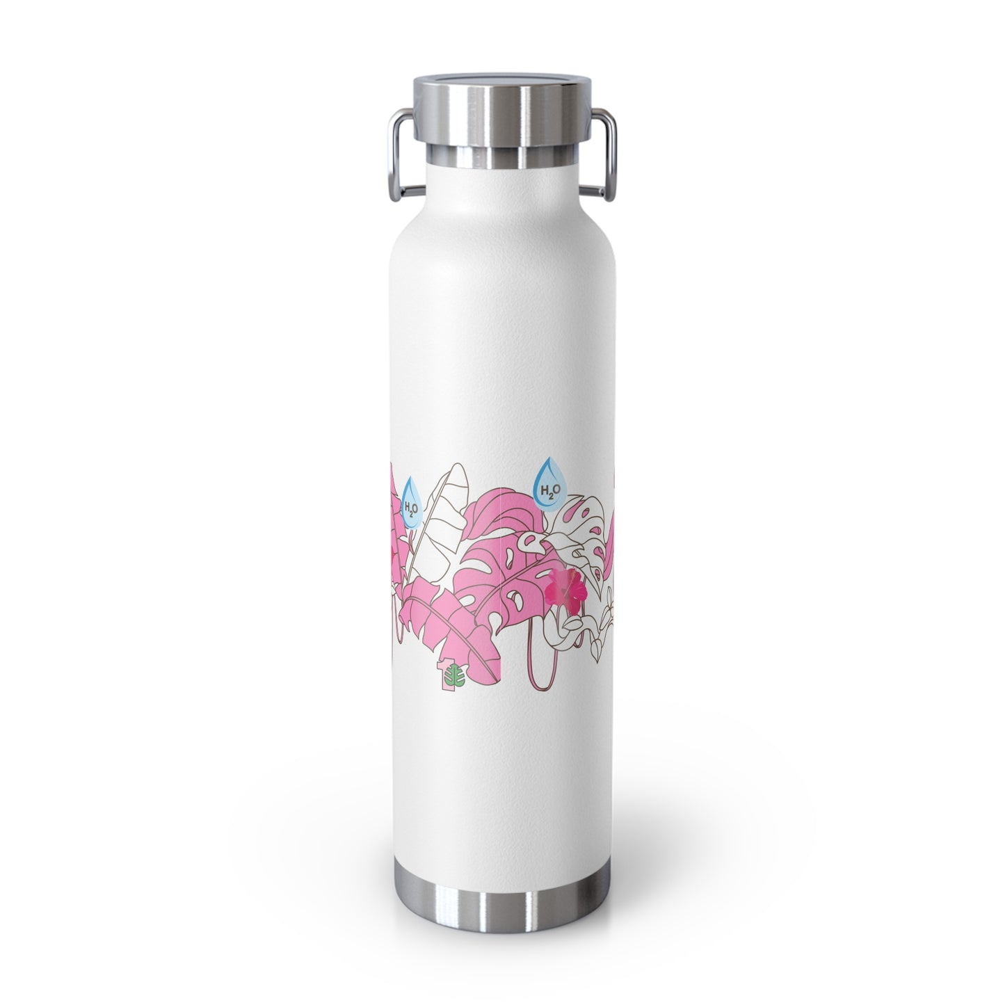 White water bottle with pink and green leaf design on a white background