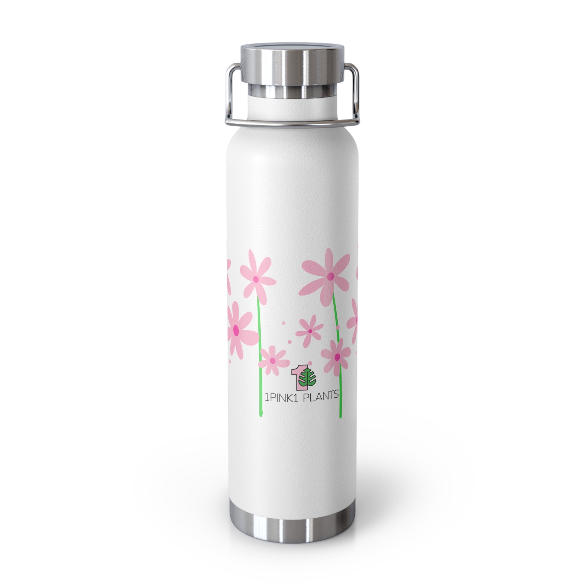 White water bottle with pink floral design and '1pink1 plants' logo on a white background