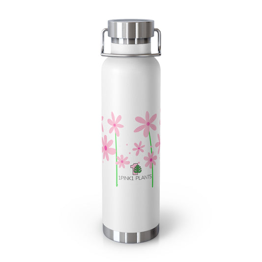 White water bottle with pink floral design and '1pink1 plants' logo on a white background