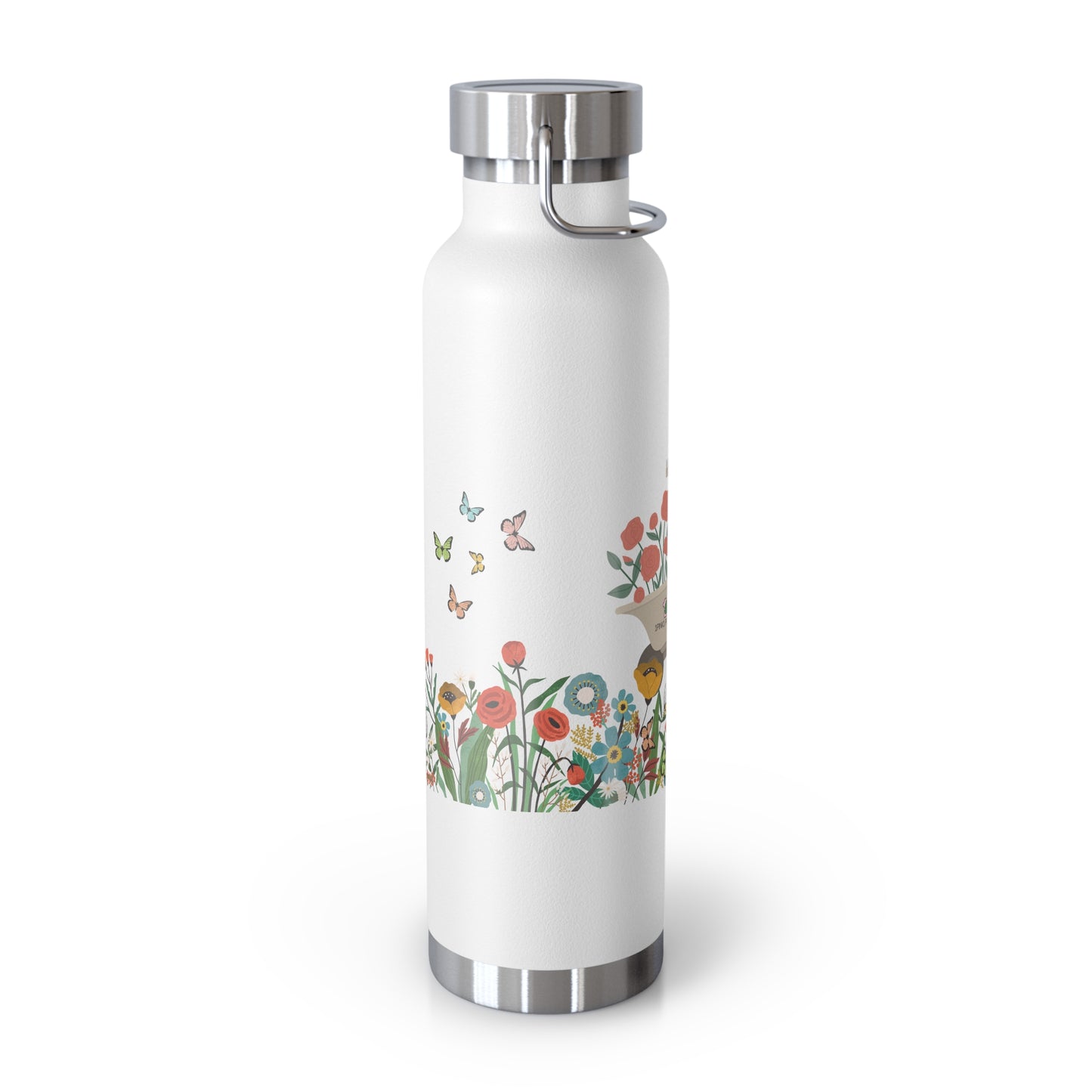 White water bottle with floral design and silver cap on a white background