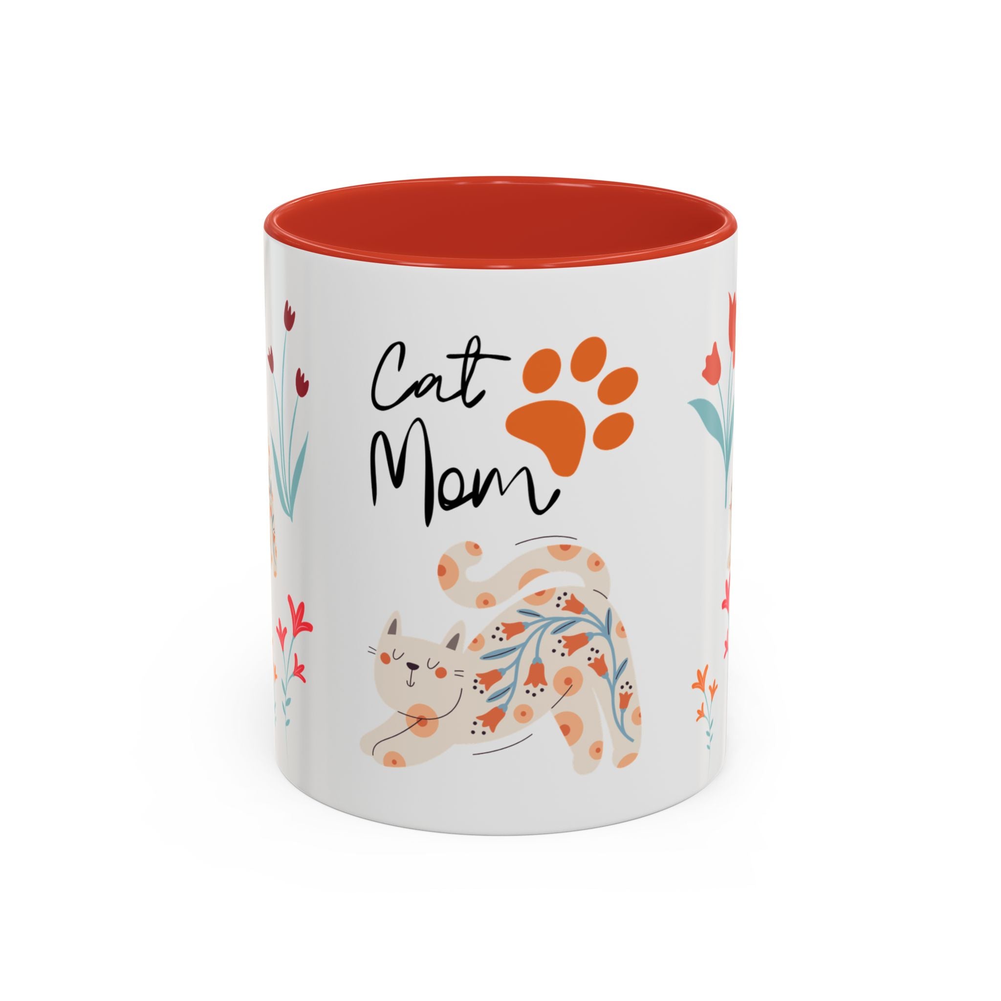 Mug with 'Cat Mom' text and cat illustration on a white background