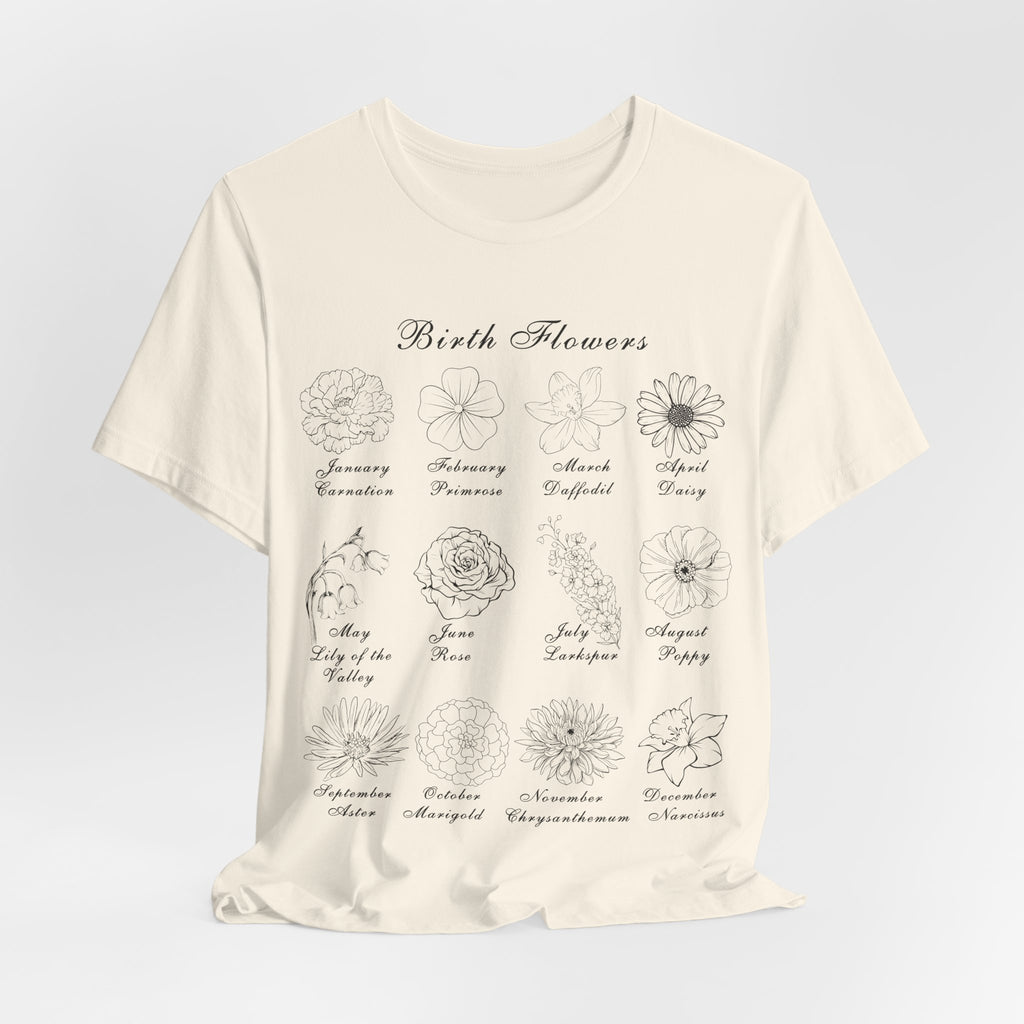 A tee shirt in a natural colored tone and a printed design of birth flowers.  Each month of the year is printed with a corresponding flower for that particular month.  The t-shirt has a crew neck and short sleeves.  It is also lightweight so it's perfect for layering.  It also makes an excellent birthday, Mother's Day, Valentine's Day or Christmas gift. 
