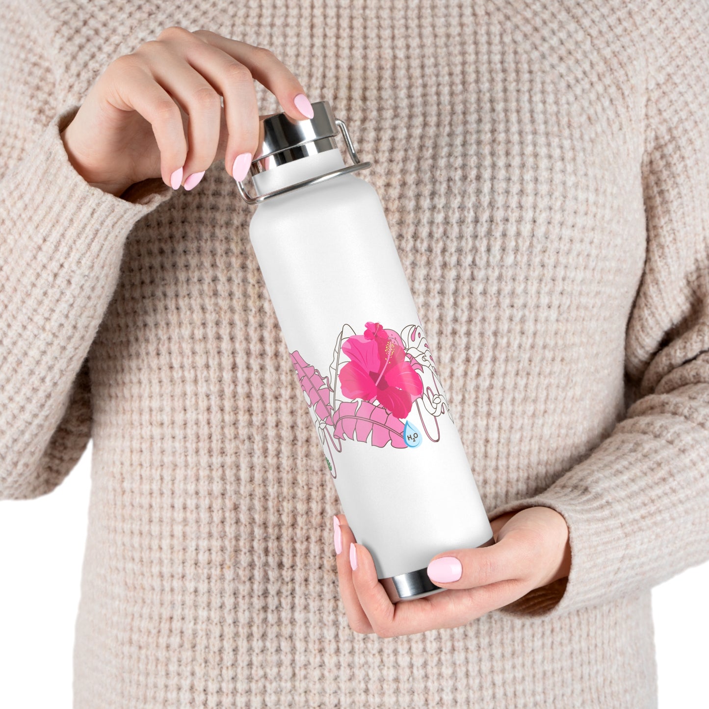 22oz Insulated Water Bottle - Non Sweating, Tropical Hibiscus Flower