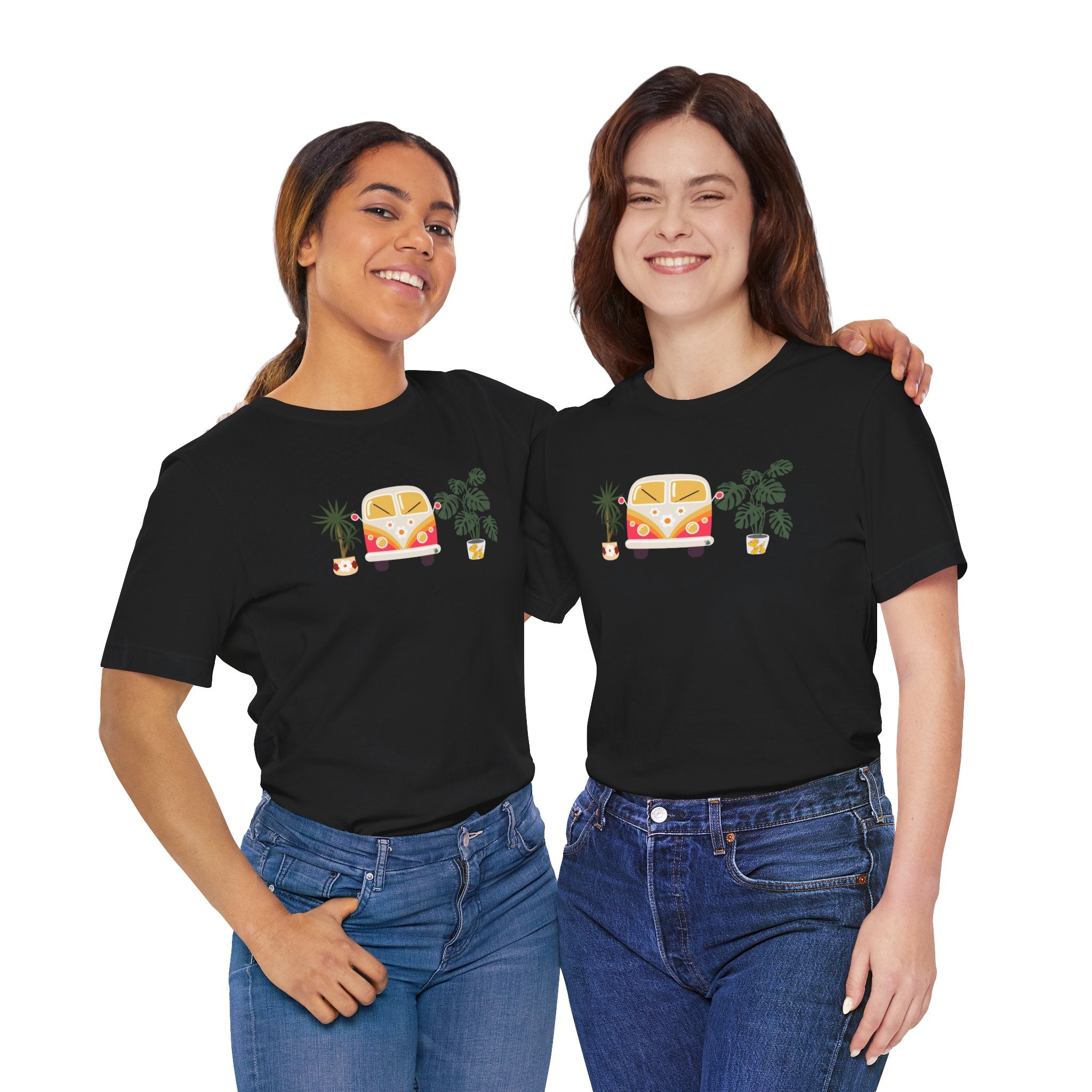 two girls wearing a plant t-shirt with house plant designs