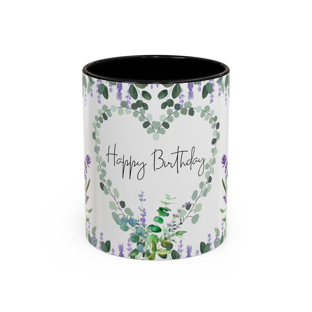 coffee mug with floral design and 'Happy Birthday' text on a white background