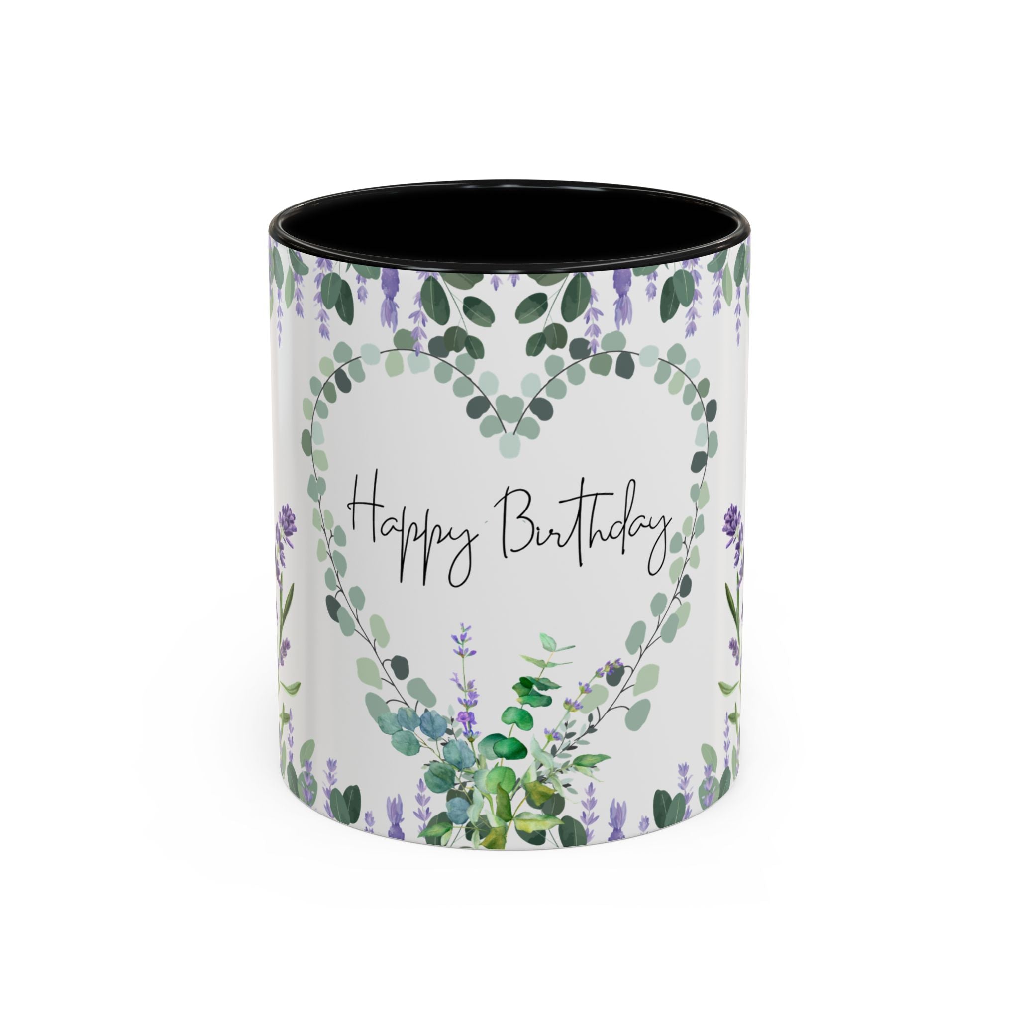 coffee mug with floral design and 'Happy Birthday' text on a white background