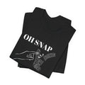 A folded black colored shirt with text that says "Oh snap" "free plant."  The shirt design also has a burro's tail plant snapped in half and a finger pointing to it. The shirt is an excellent gift for birthdays and Christmas. House plant collectors love this funny t-shirt.