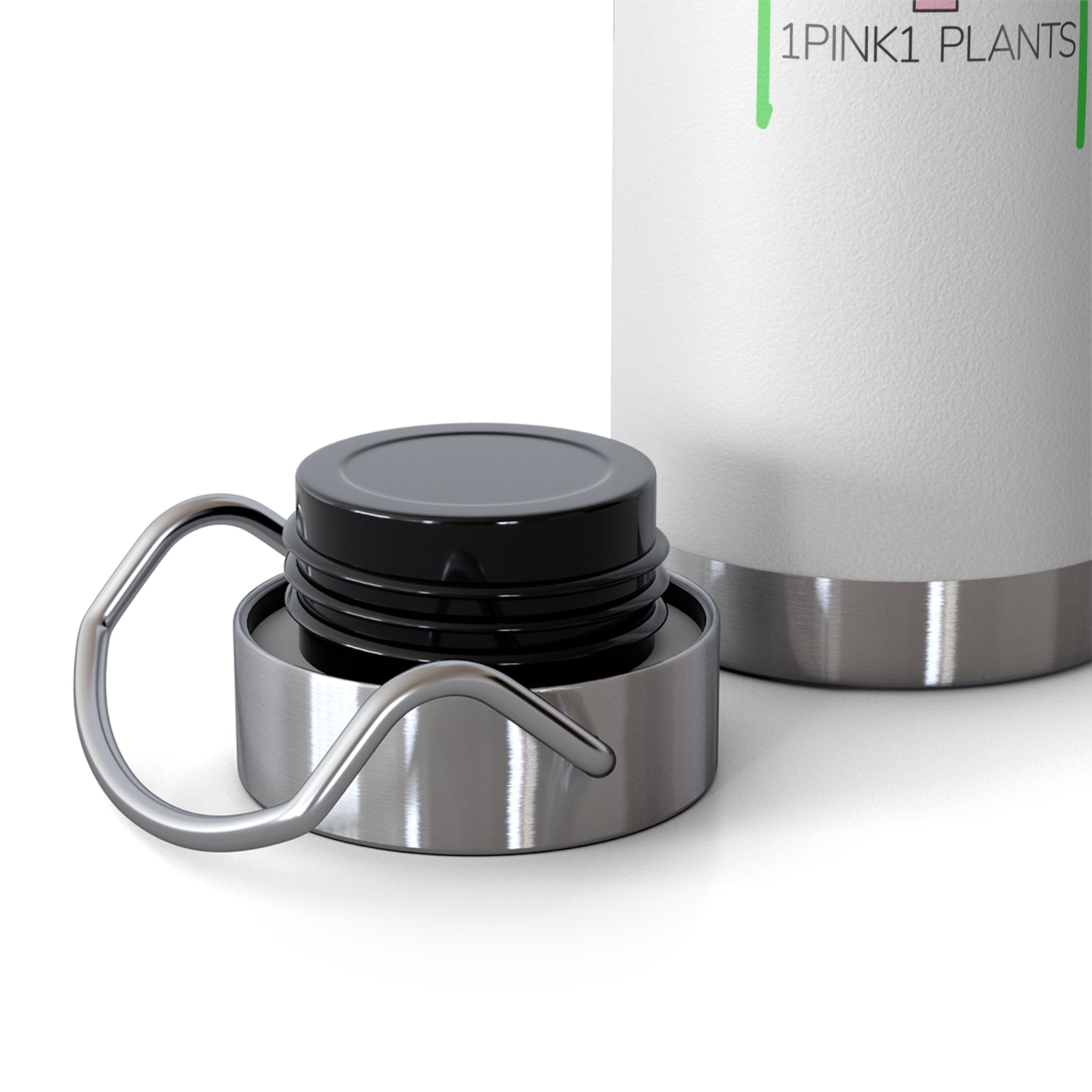 Silver and black container with a carabiner on a white background, featuring '1Pink1 Plants' branding.