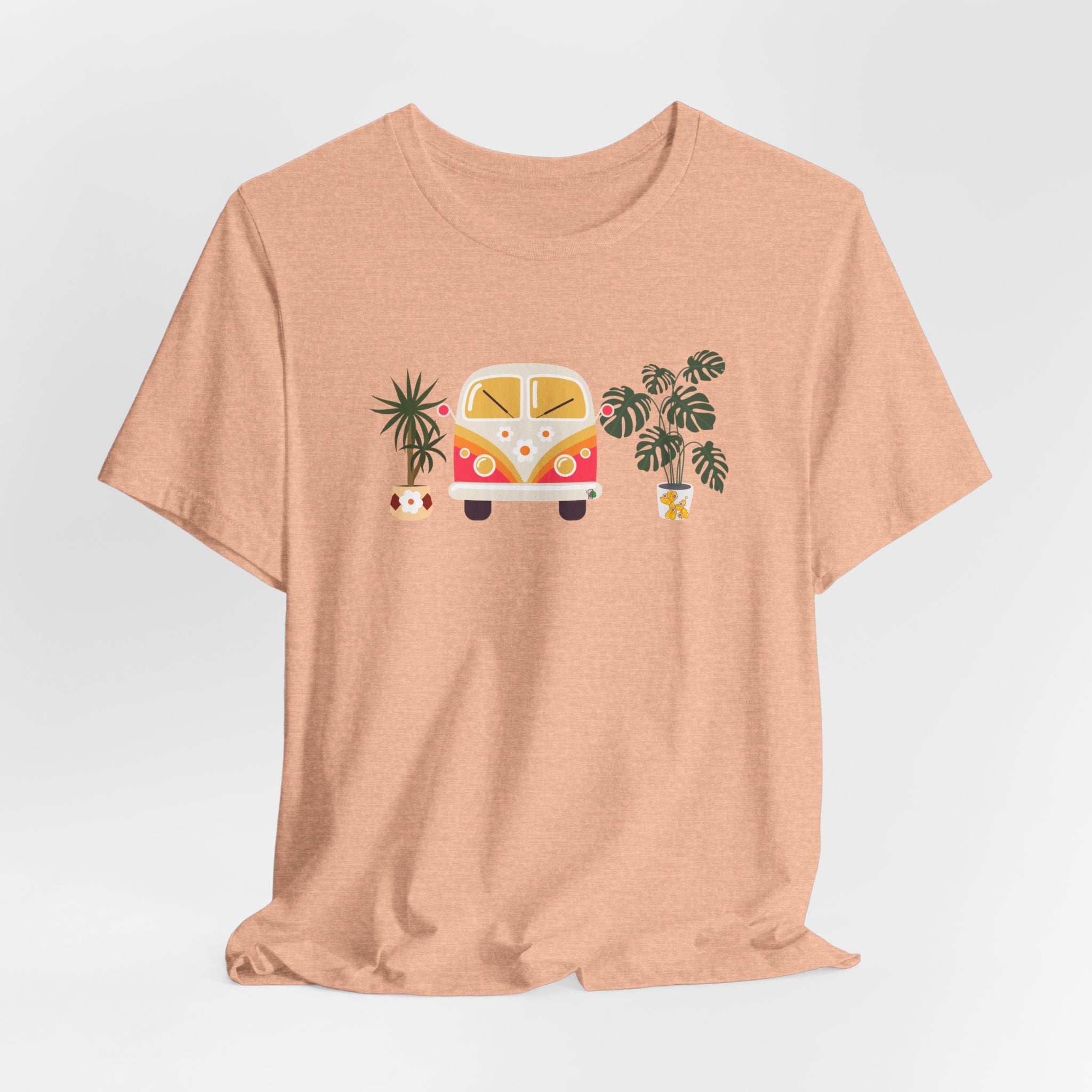 A graphic tee with plant designs and a vintage buggy car. 