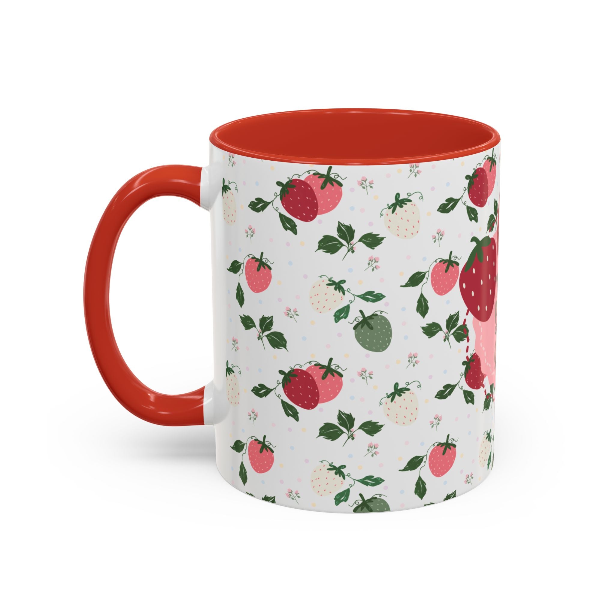 Mug with red interior and handle, featuring a strawberry pattern on a white background