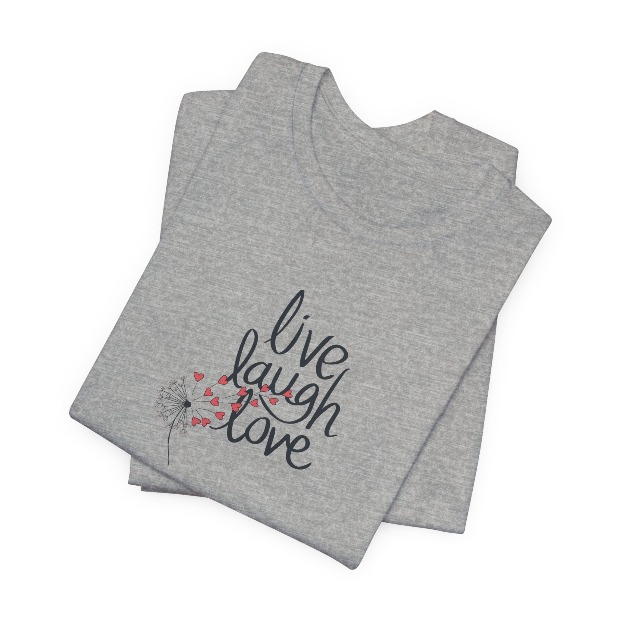a tee with text that says "live, laugh, love," and a dandelion with hearts.