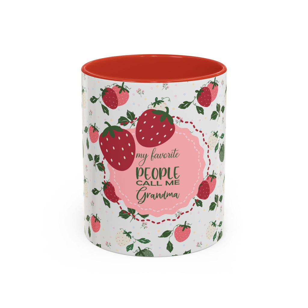Mug with strawberry pattern and text 'My favorite people call me Grandma' on a white background