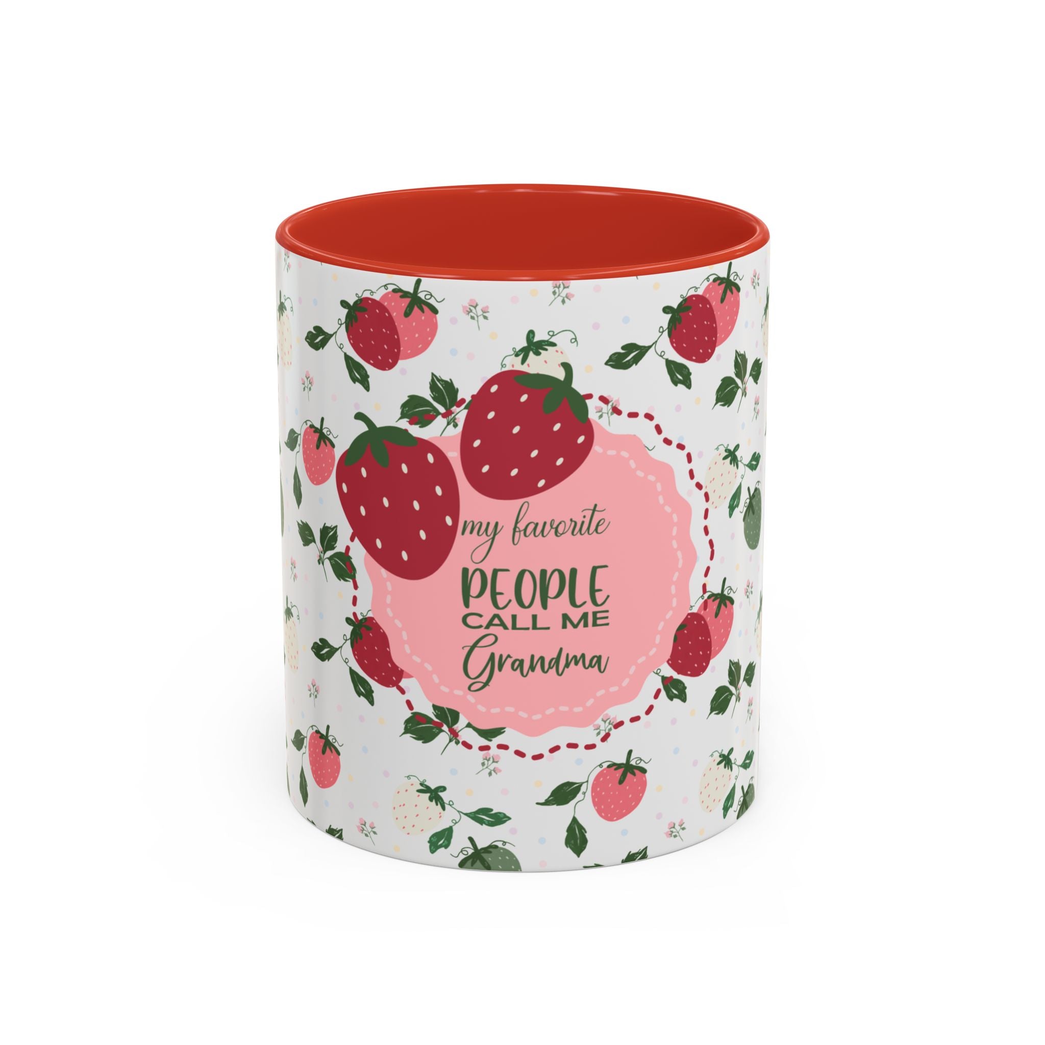 Mug with strawberry pattern and text 'My favorite people call me Grandma' on a white background