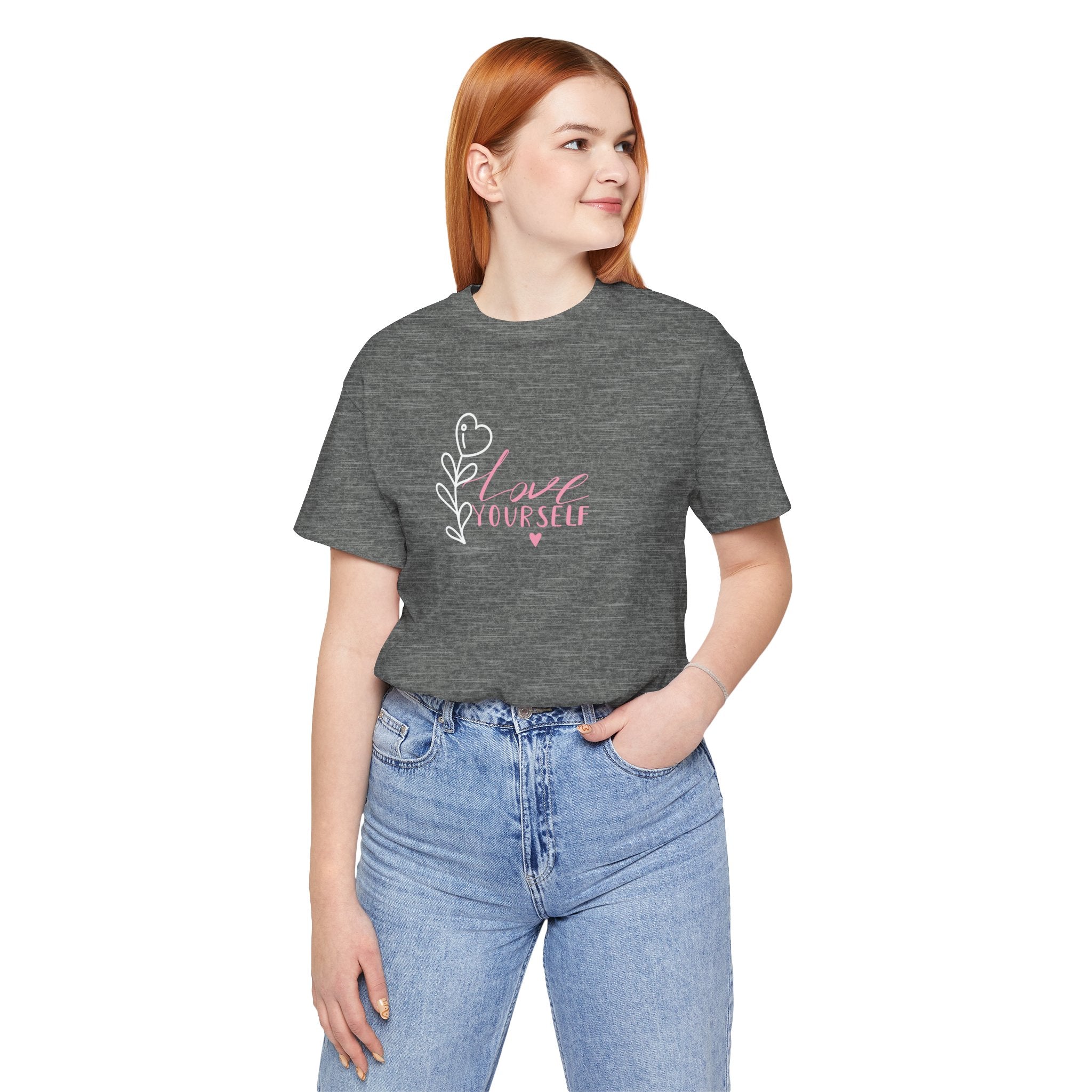 a gray shirt with the words "love yourself"