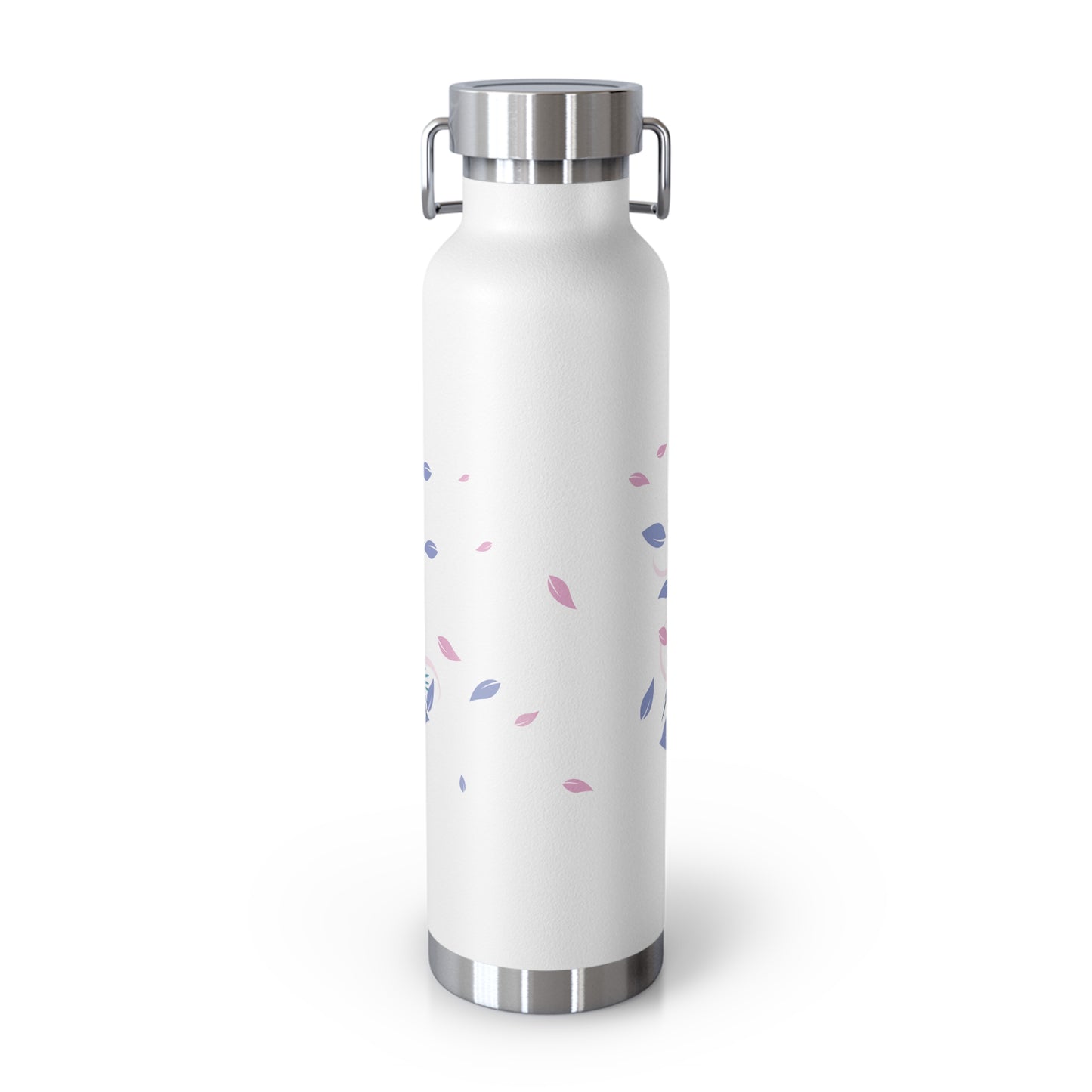 White water bottle with colorful pattern on a white background