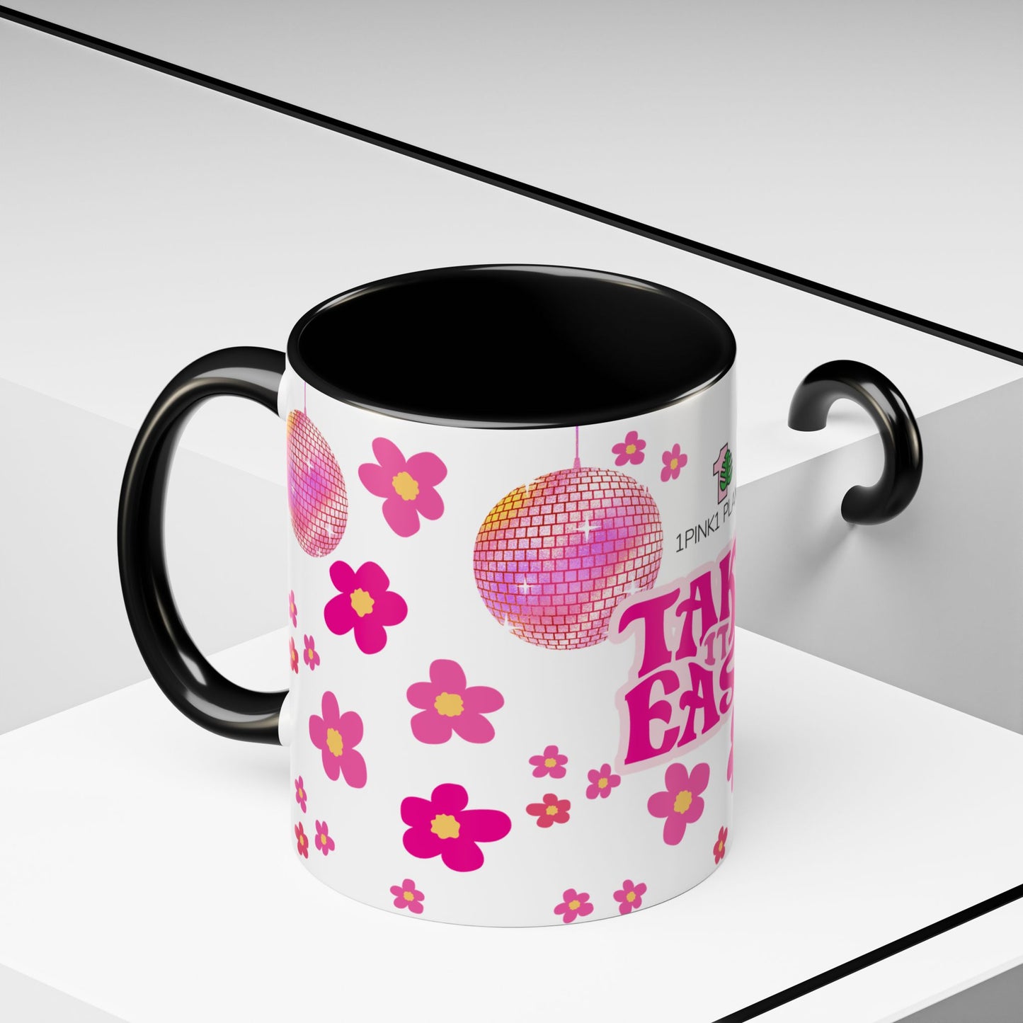 mockup of mug with disco ball and pink flowers 