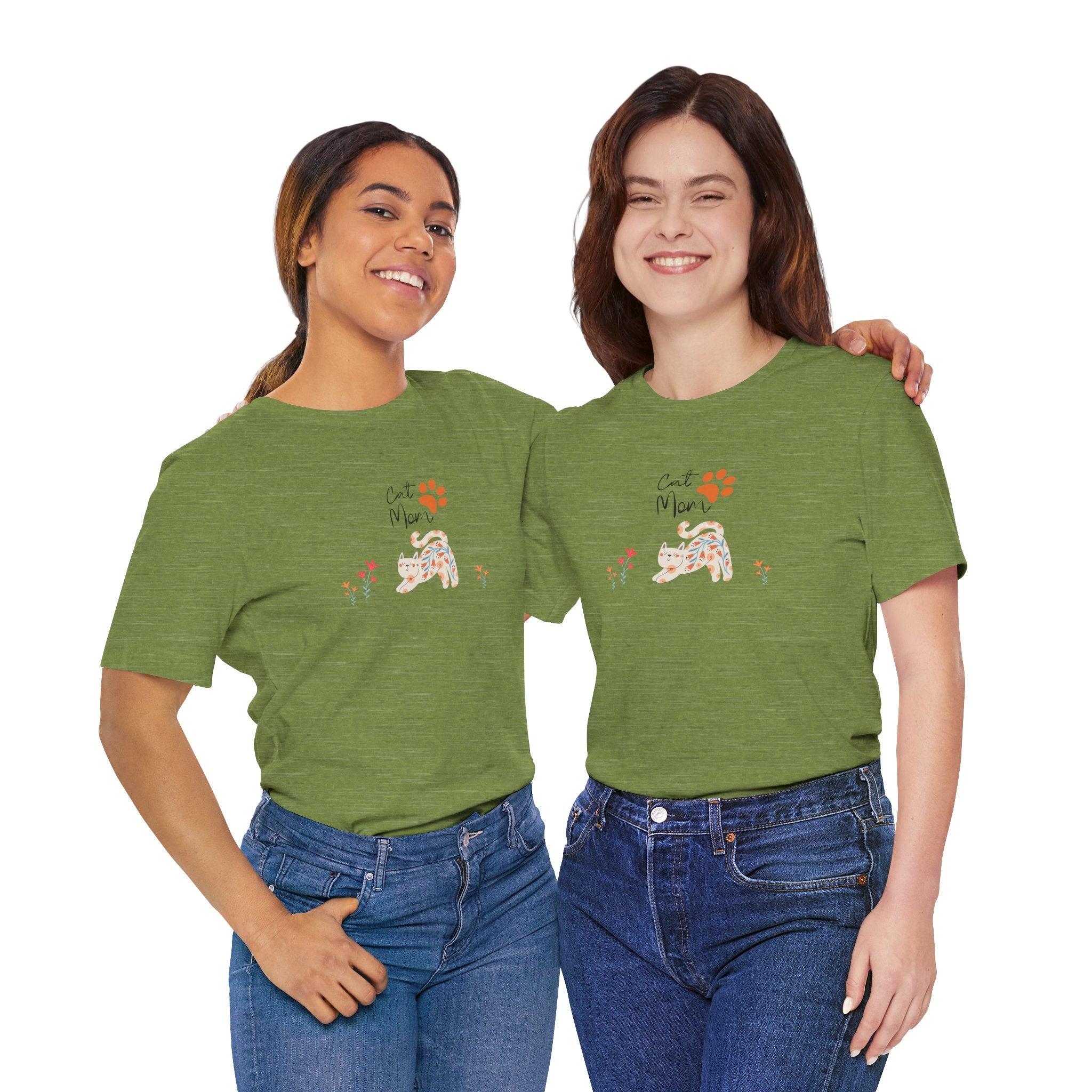 Two people wearing a heather green t-shirt with the words "cat mom," a floral cat, and some flowers printed on the front of the shirt.