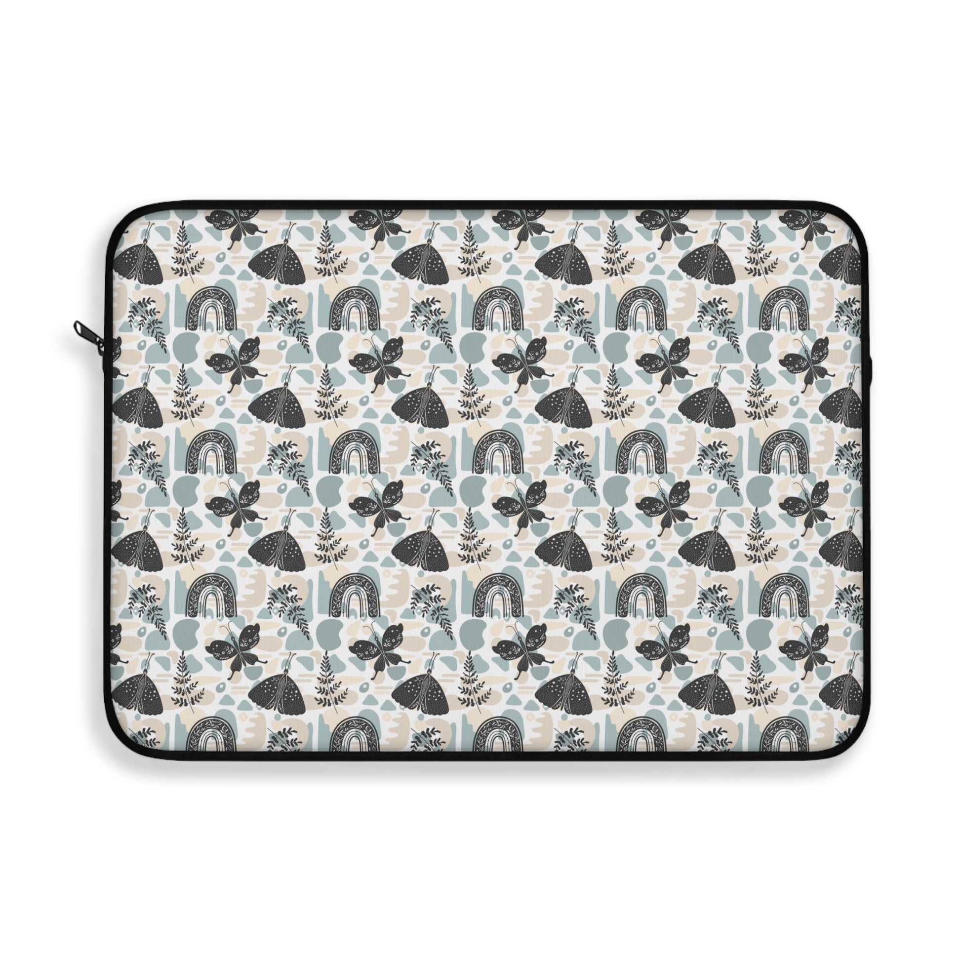 A cute boho chic style laptop sleeve with rainbows, plant leaves, and butterflies design. 