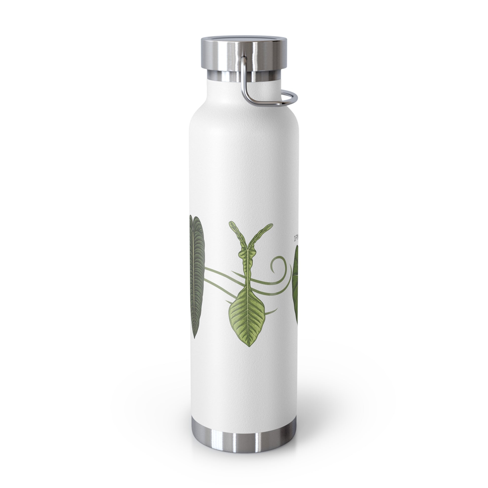 White water bottle with green house plant leaf design on a white background.