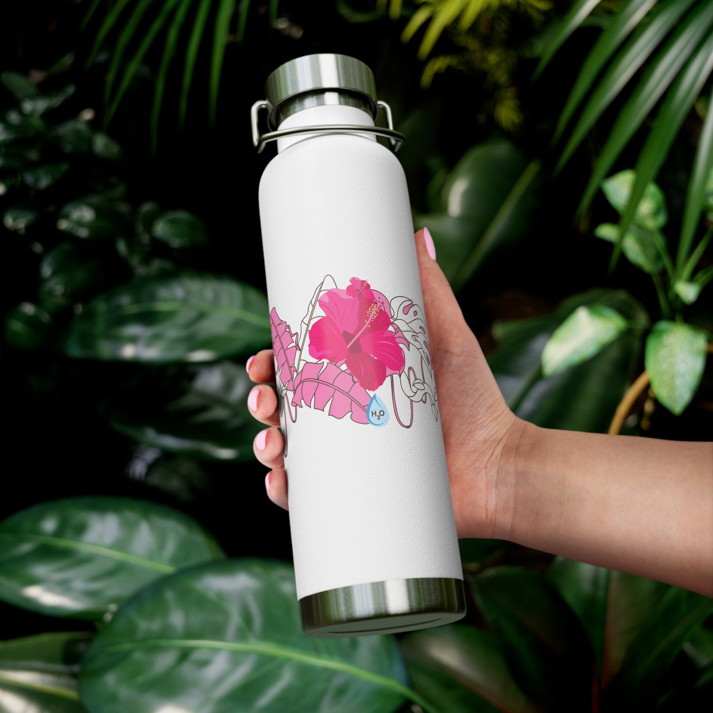 22oz Insulated Water Bottle - Non Sweating, Tropical Hibiscus Flower