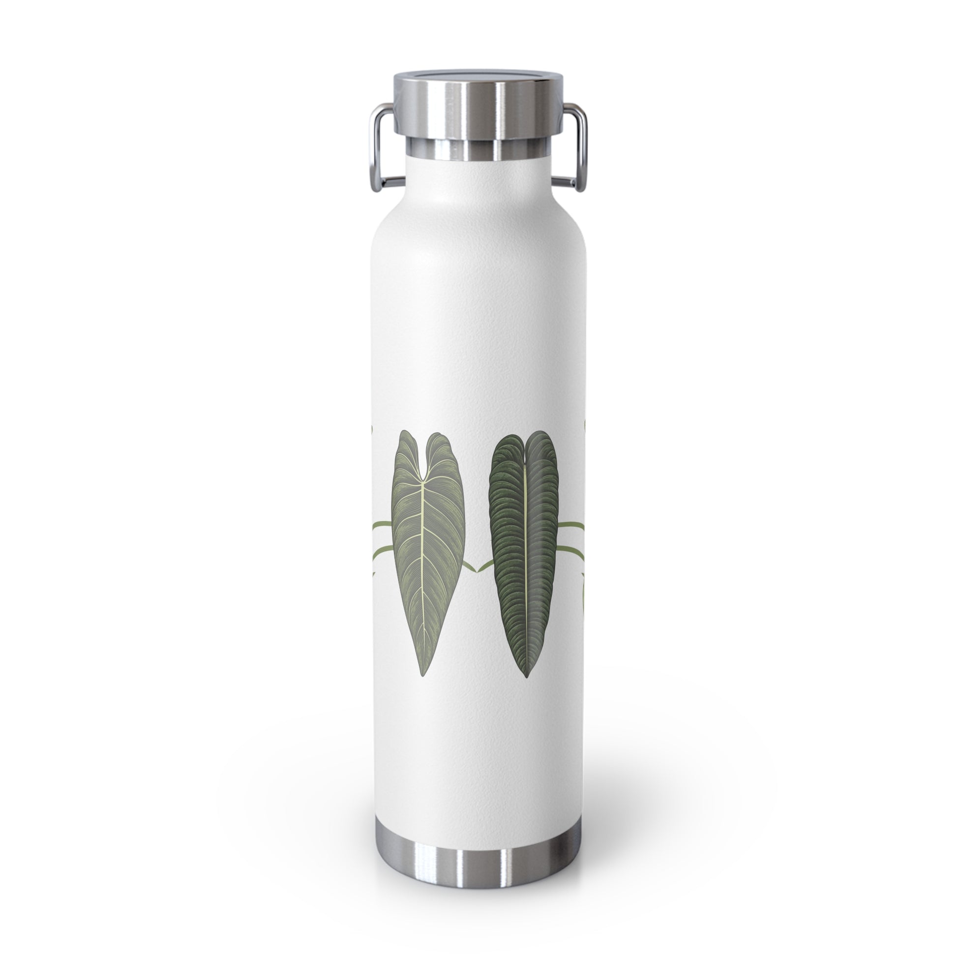White water bottle with green leaf design on a white background