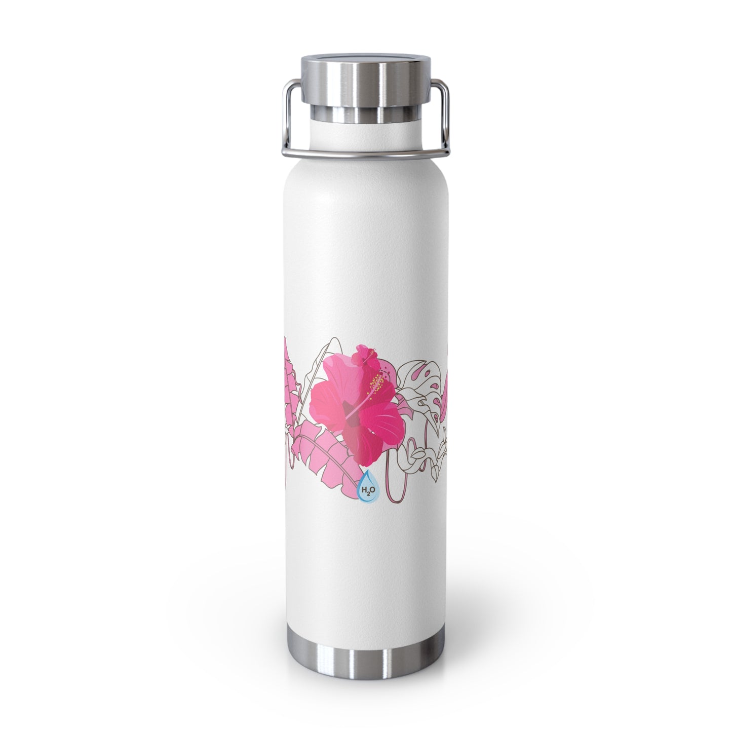 White water bottle with pink floral design on a white background