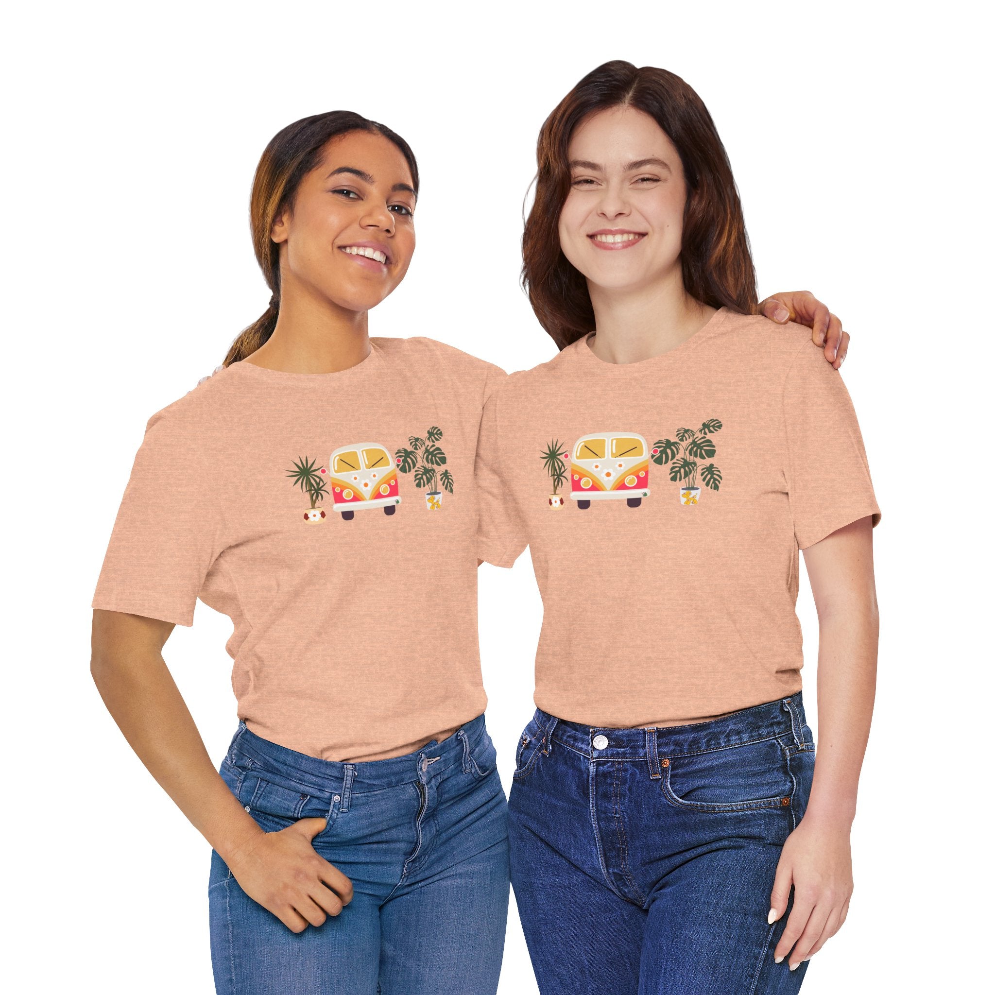 Two college students wearing t-shirts with plant designs and a vintage buggy car. 