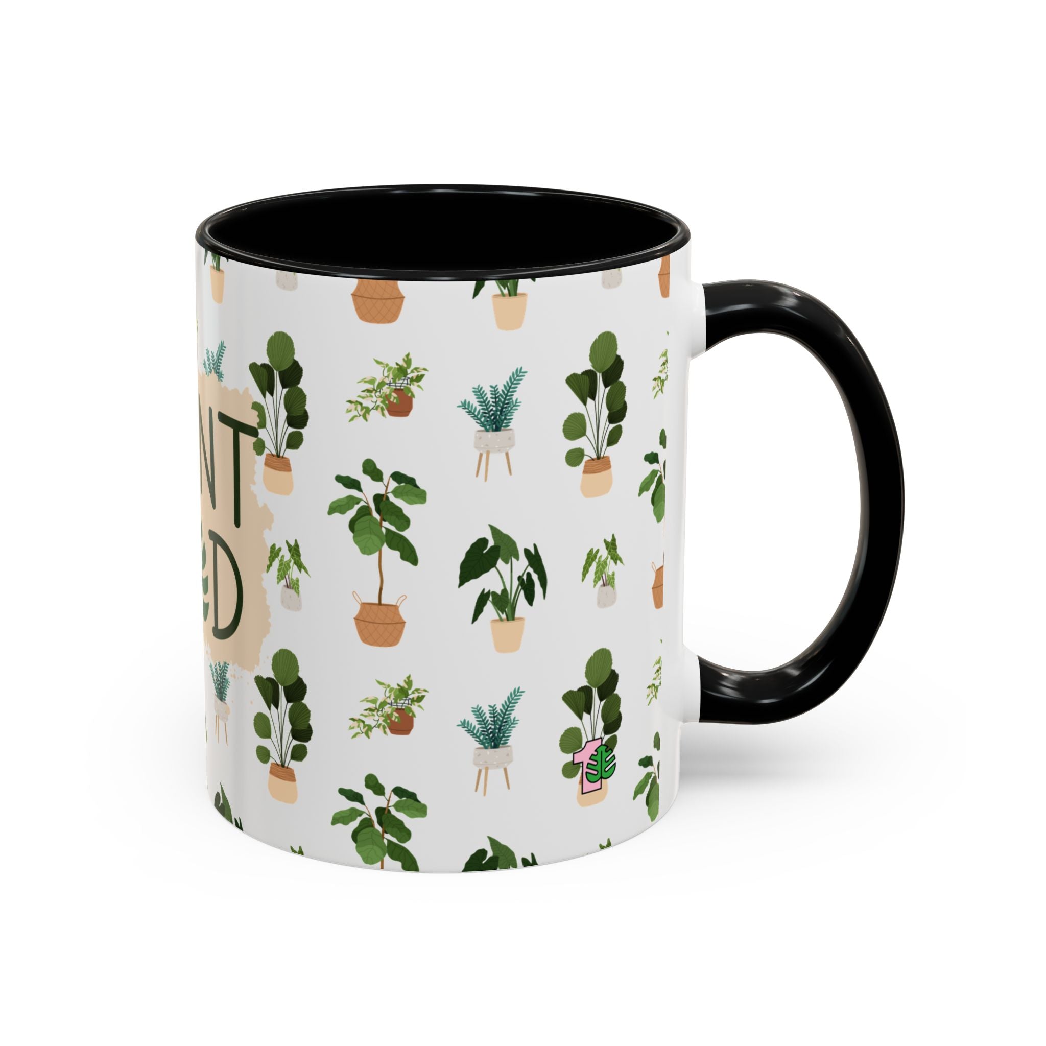 Mug with plant pattern and black handle on a white background