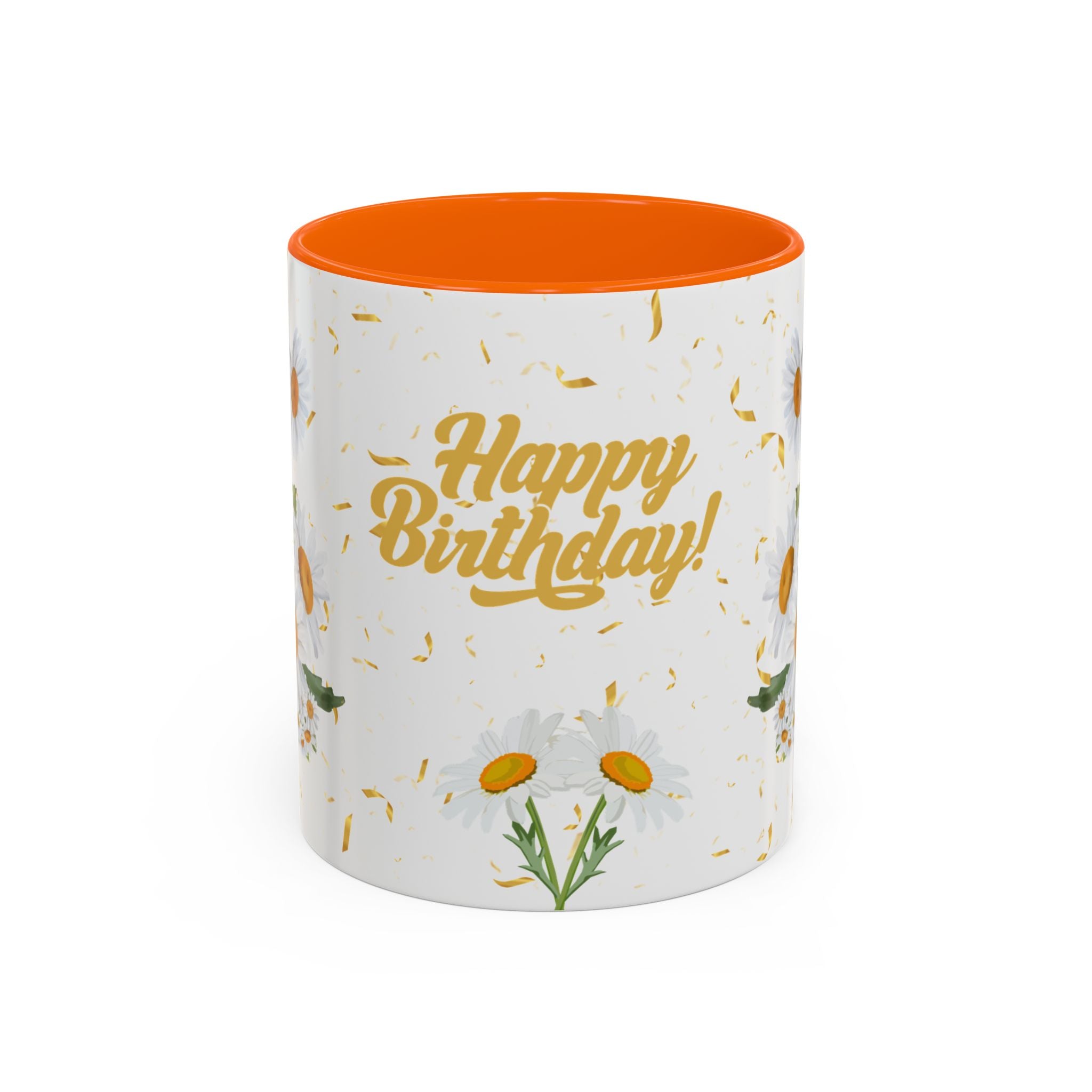 White mug with orange interior, floral design, and 'Happy Birthday!' text on a white background