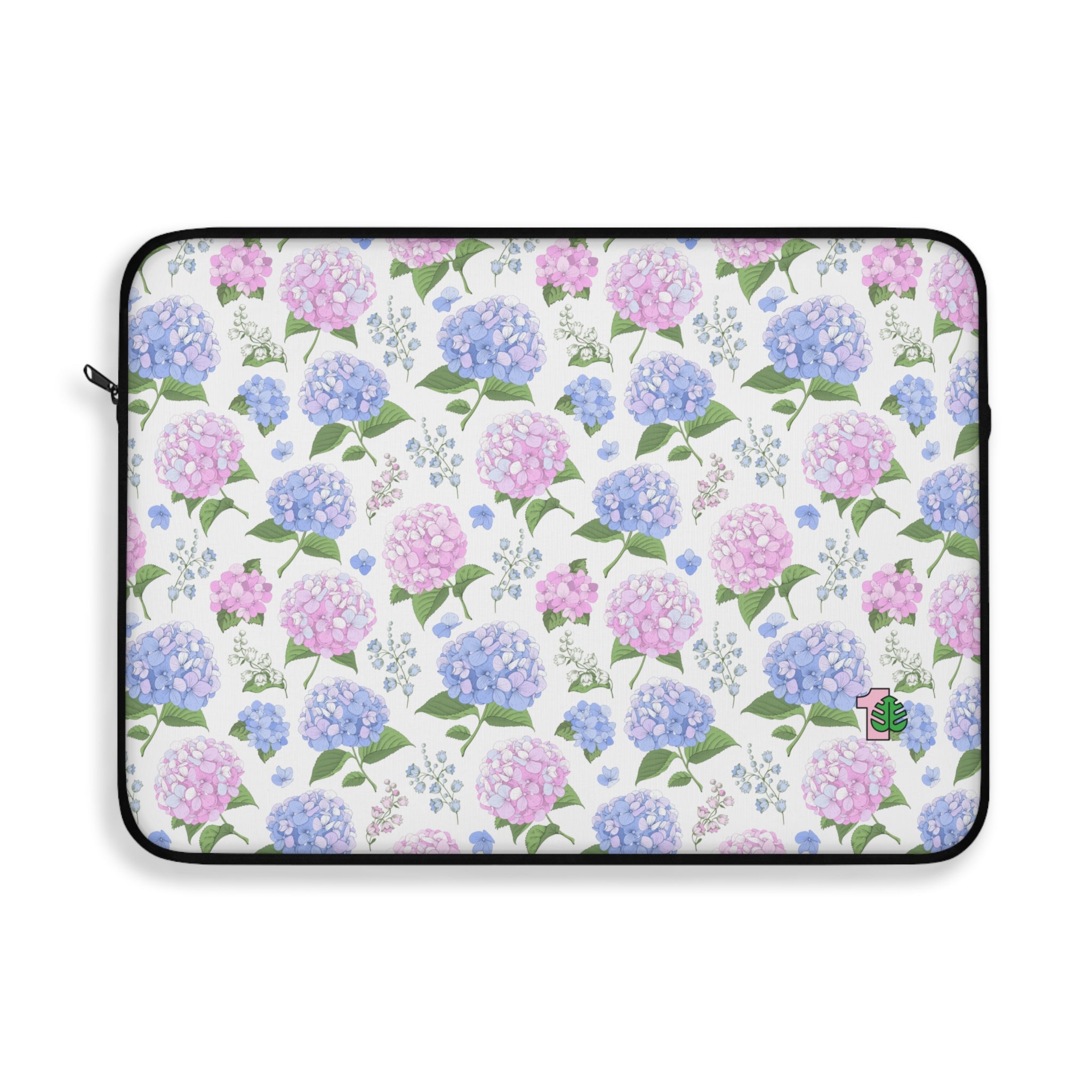 Floral patterned laptop sleeve with hydrangea design on a white background