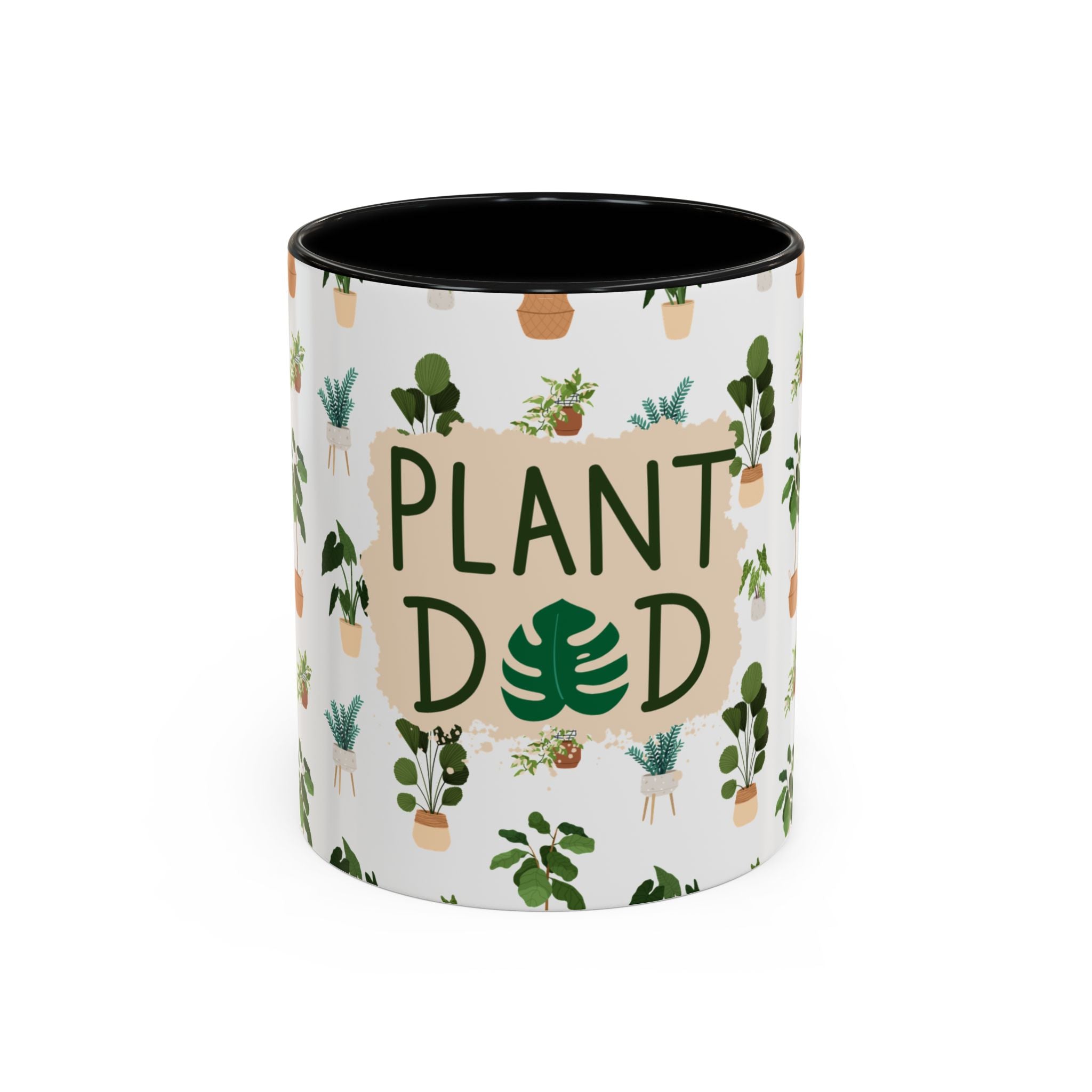 Mug with 'Plant Dad' text and plant illustrations on a white background
