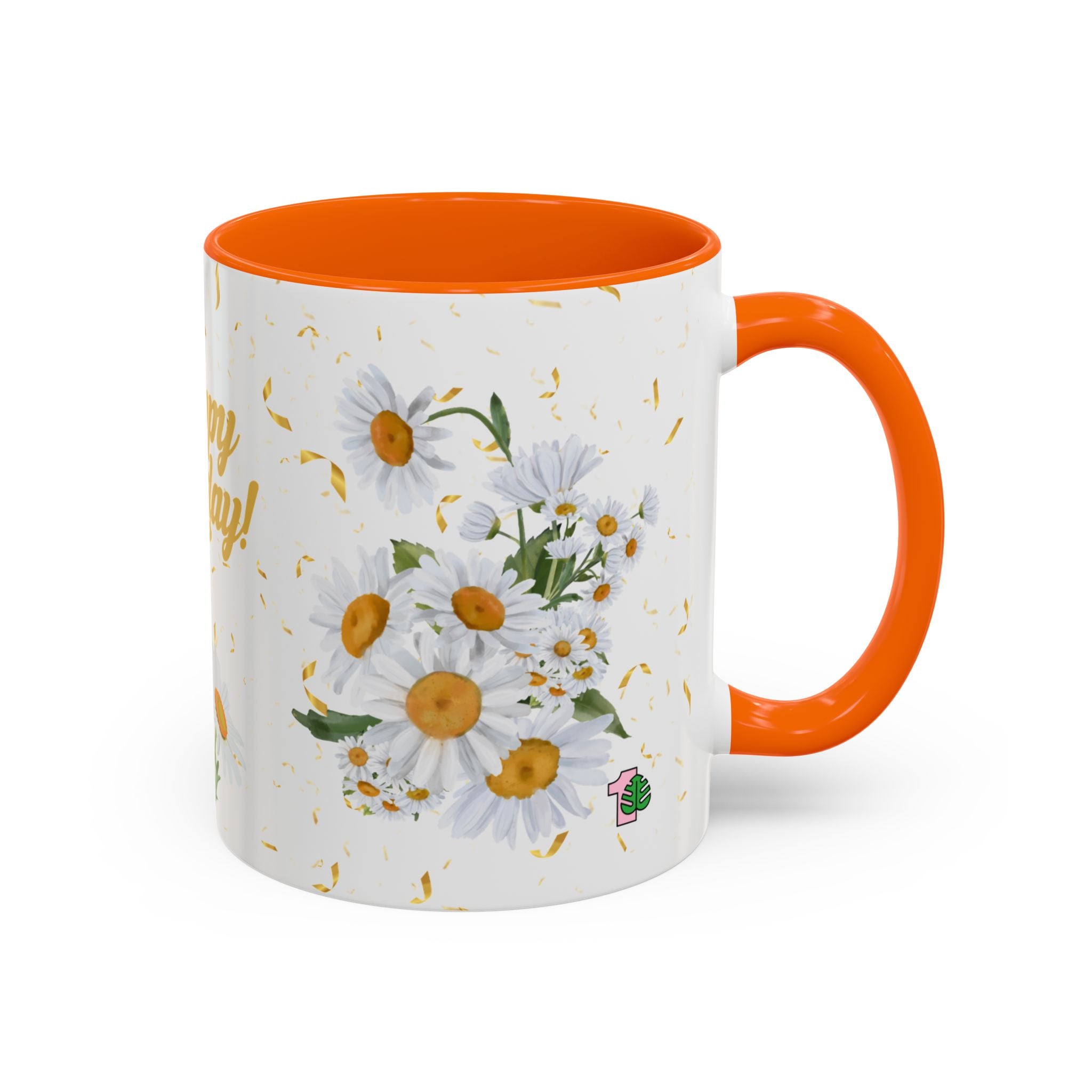 Mug with floral design and orange handle on a white background