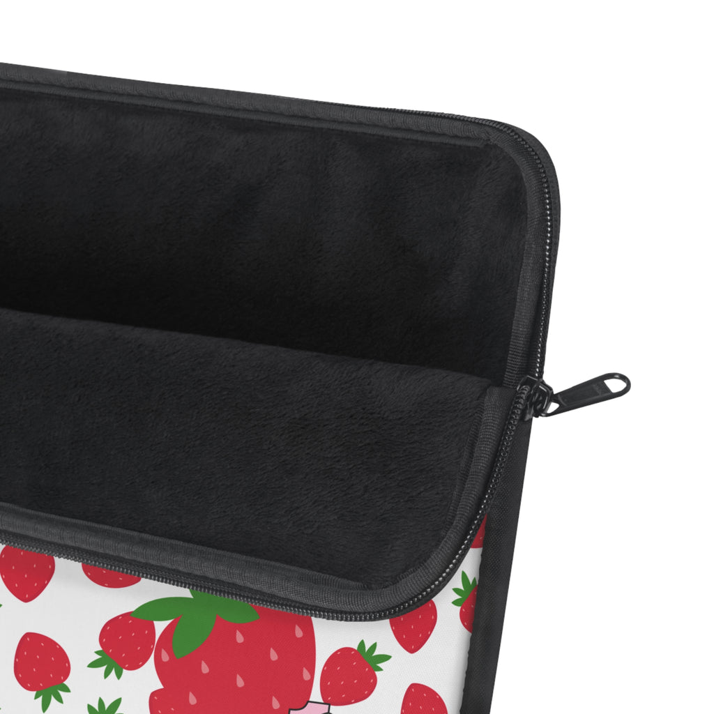 Black zippered pouch with strawberry pattern on a white background