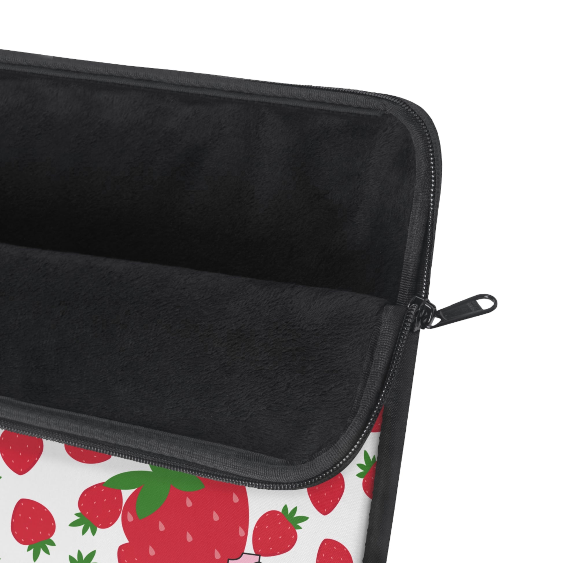 Black zippered pouch with strawberry pattern on a white background