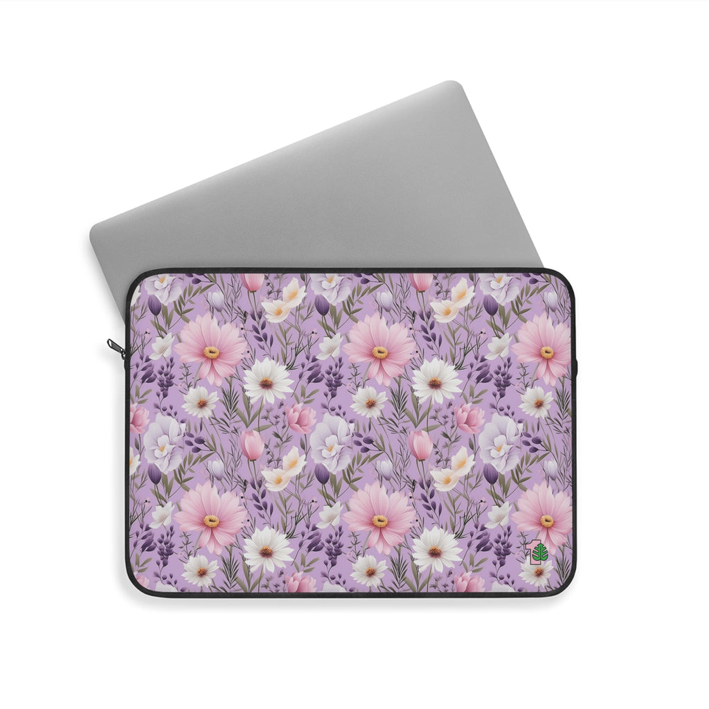 Floral laptop sleeve with pink and white flowers on a purple background for traveling