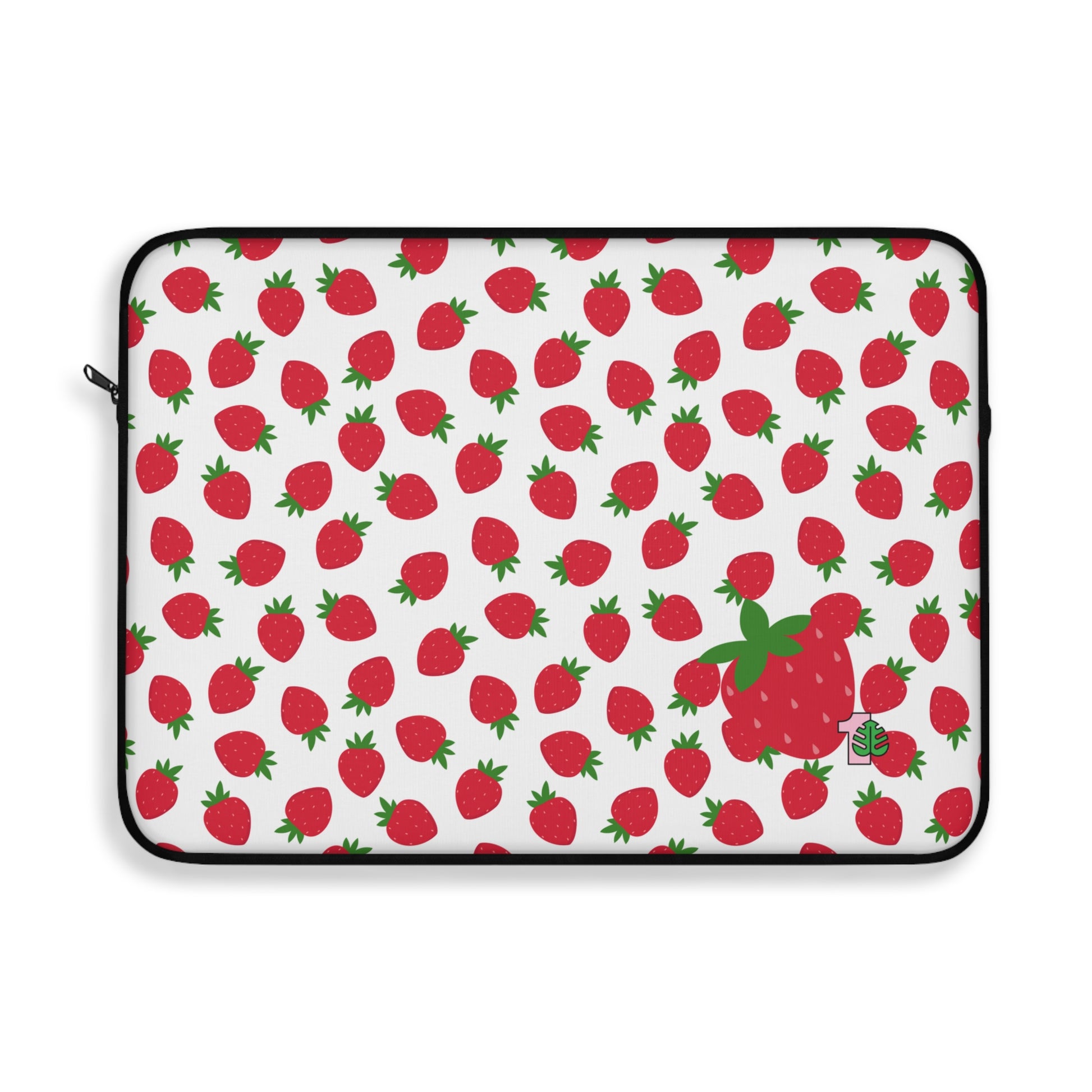 Laptop sleeve with strawberry pattern on a white background