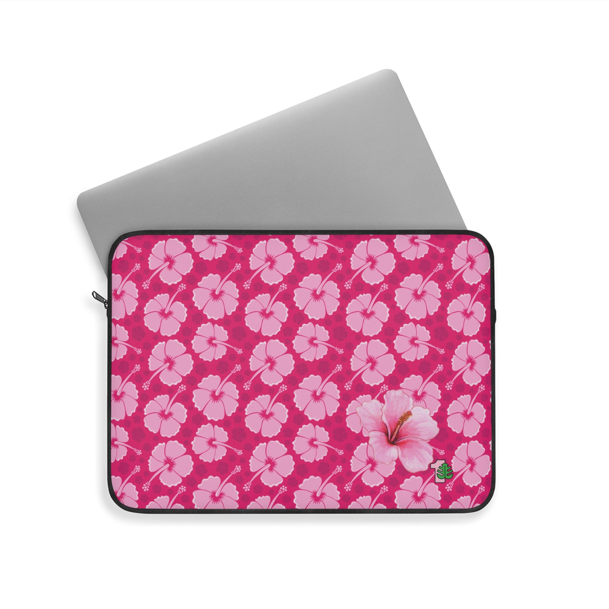 Laptop sleeve with pink floral pattern on a white background